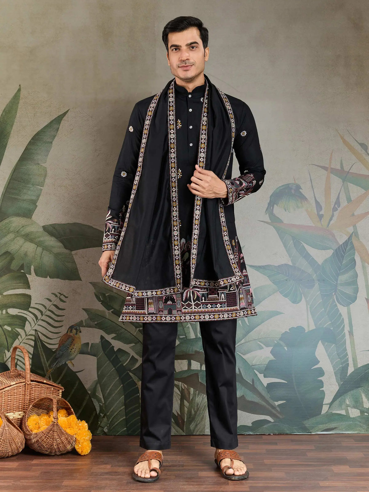 Black Viscose Silk Thread & Sequence Embroidered Work Kurta With Pant & Dupatta