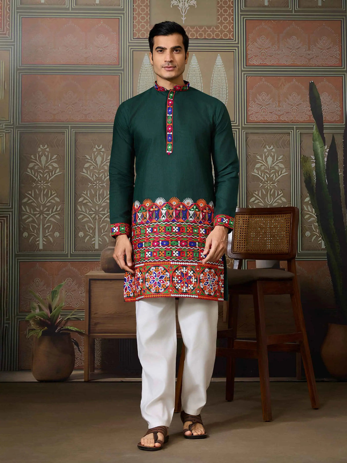 Green Multi Thread And Real Mirror Work Kurta Set For Navratri