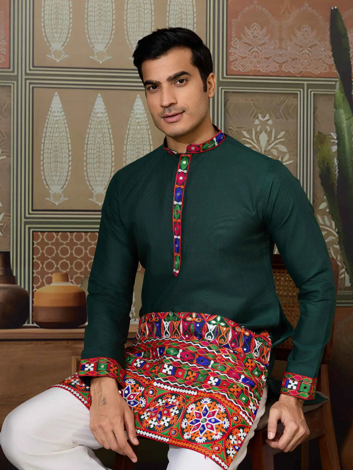Green Multi Thread And Real Mirror Work Kurta Set For Navratri