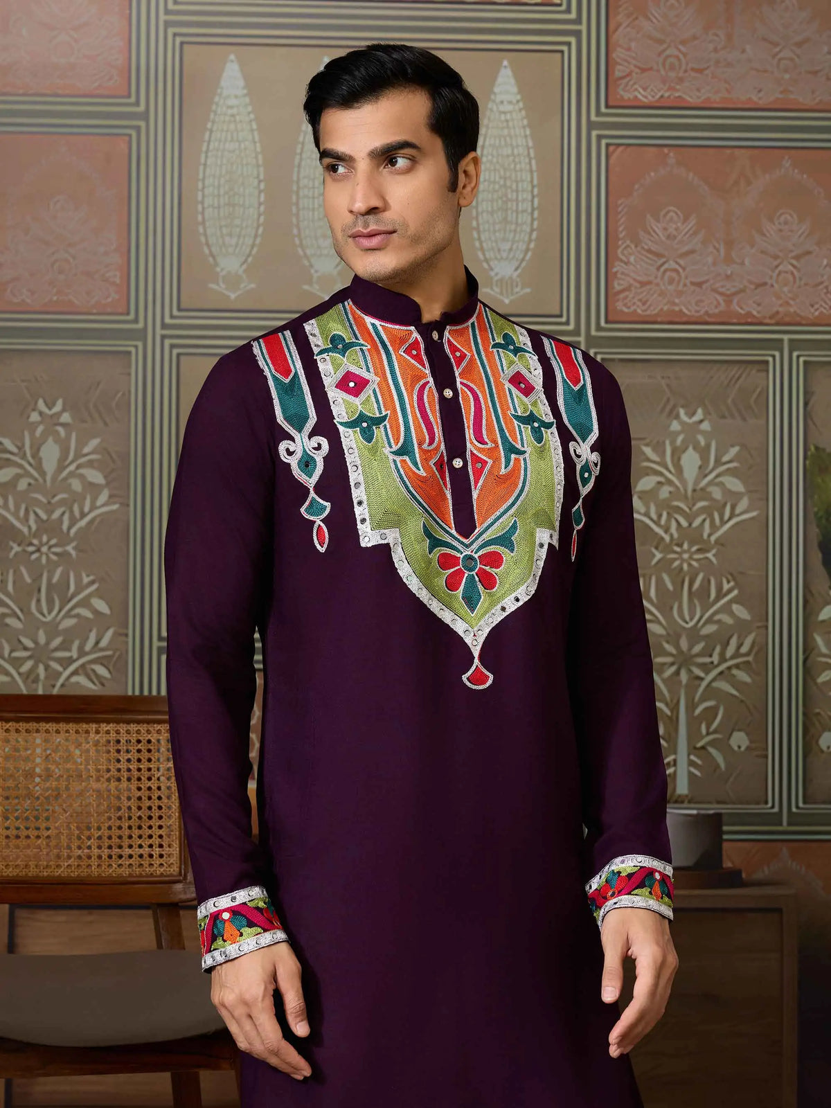 Purple Navratri Kurta Set Multi Thread And Real Mirror Work
