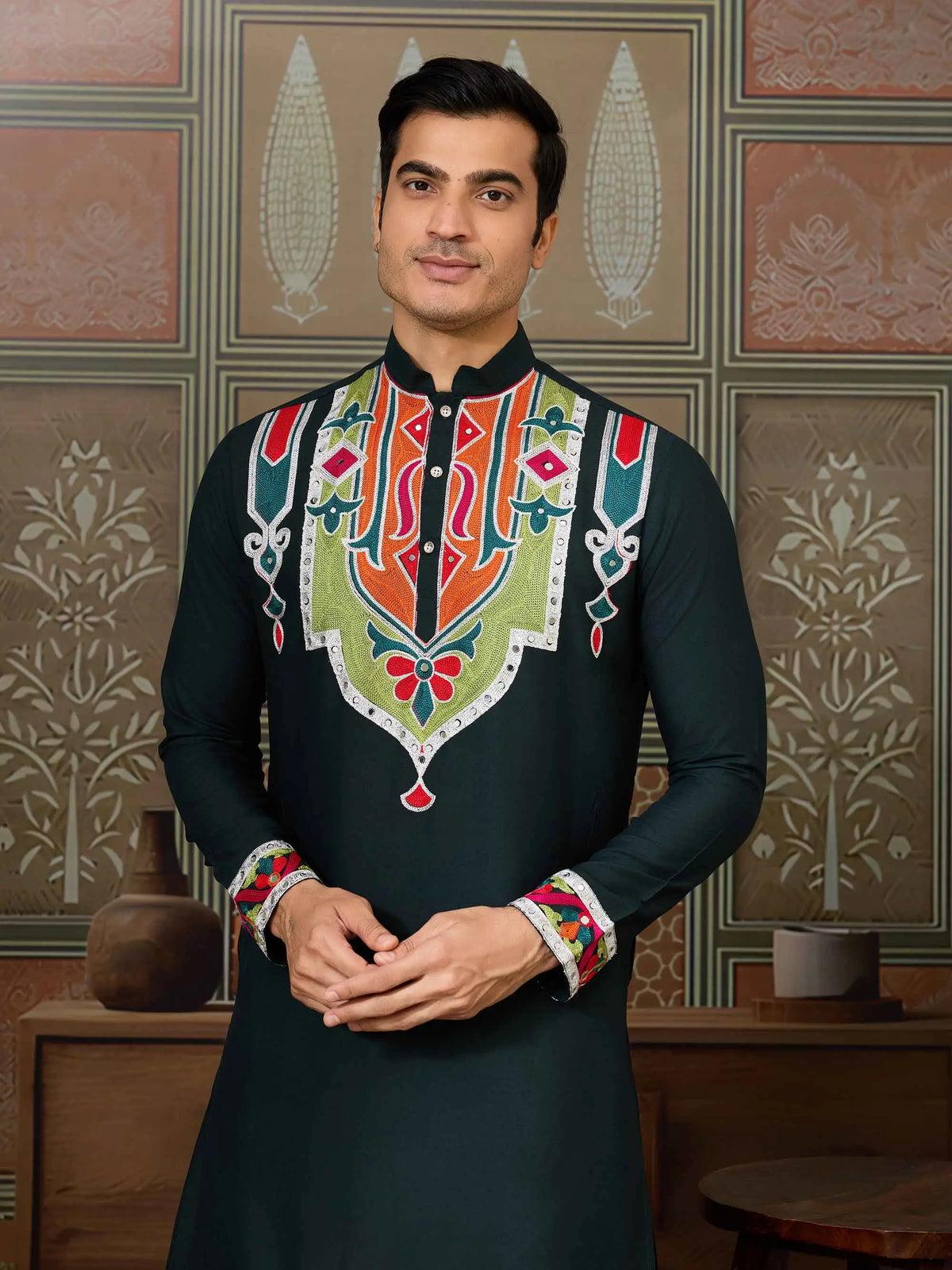 Dark Green Navratri Kurta Set Multi Thread And Real Mirror Work
