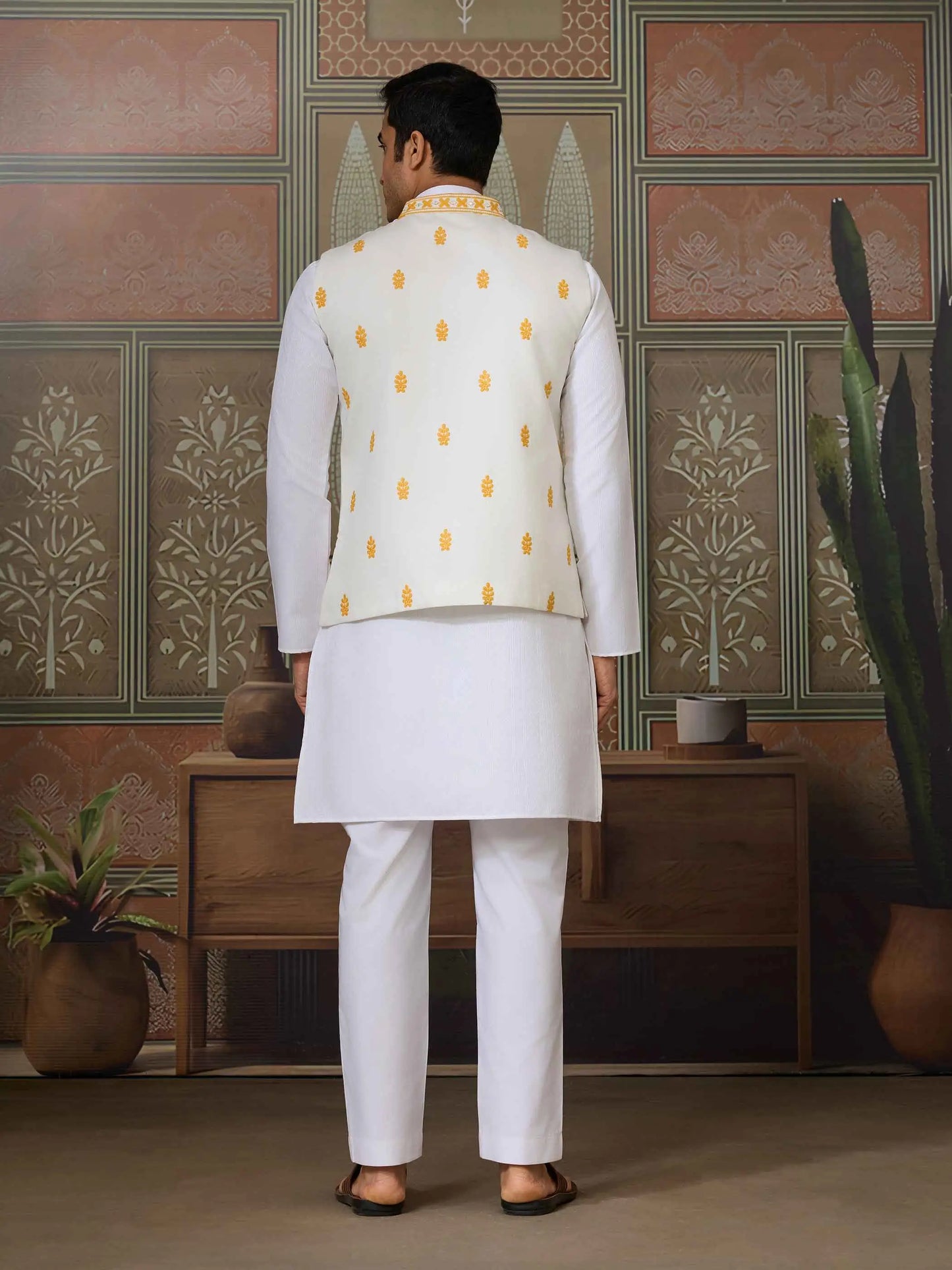Yellow Silk Kurta Set With Embroidery & Mirror Work Koti