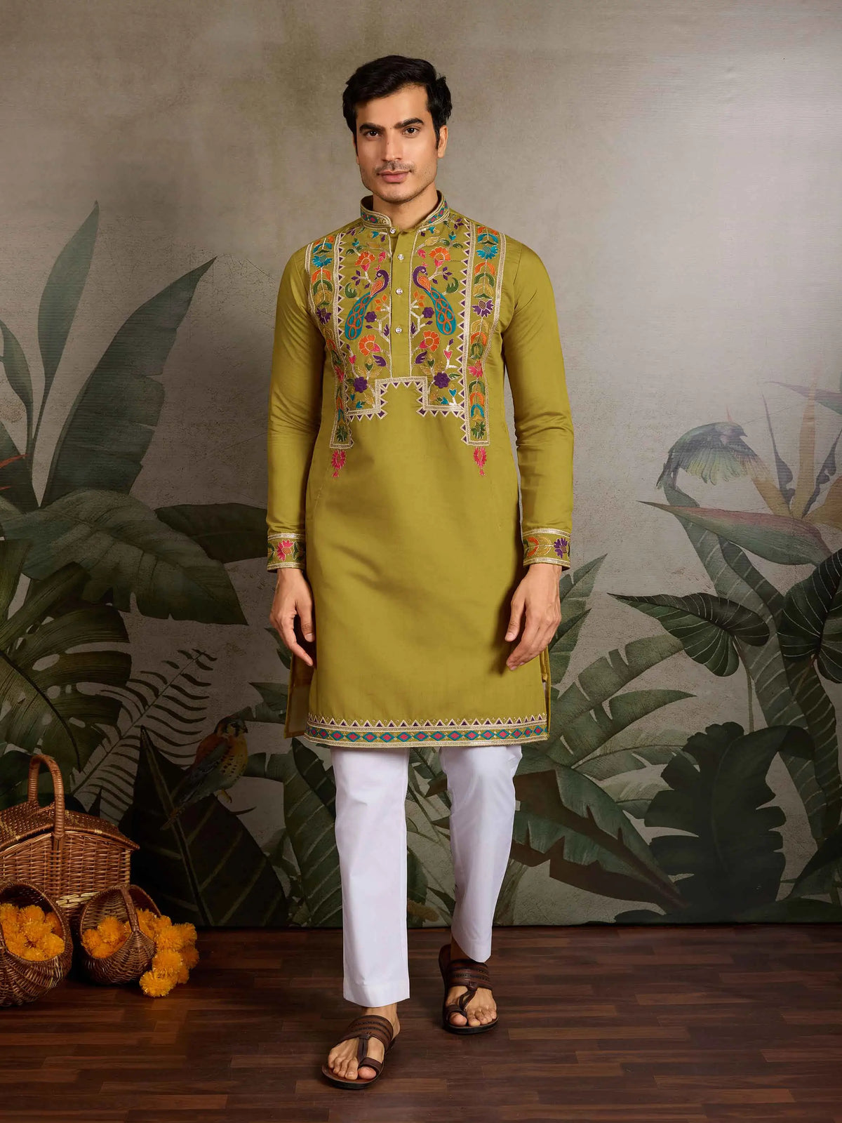 Fluroscent Green Multi Thread Sequins Embroidery Work Festive Wear Kurta Set