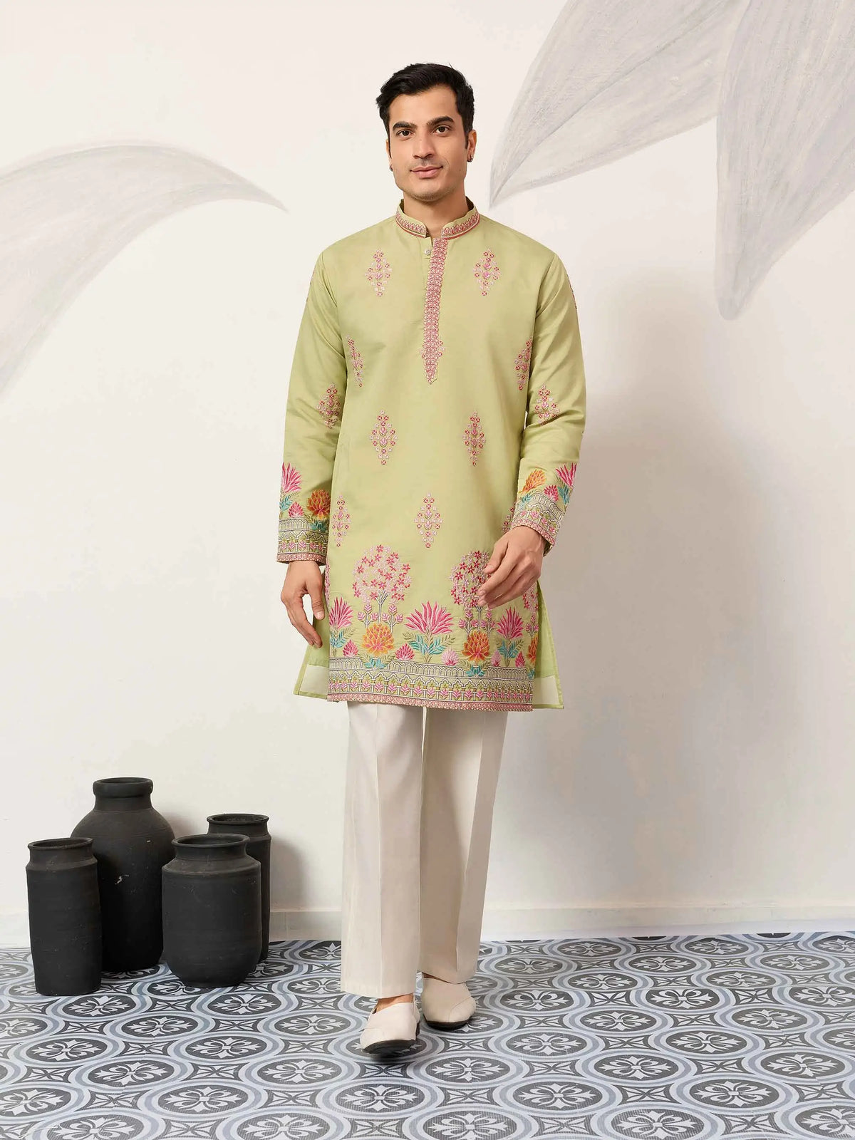 Pista Embroidery Work Kurta Set