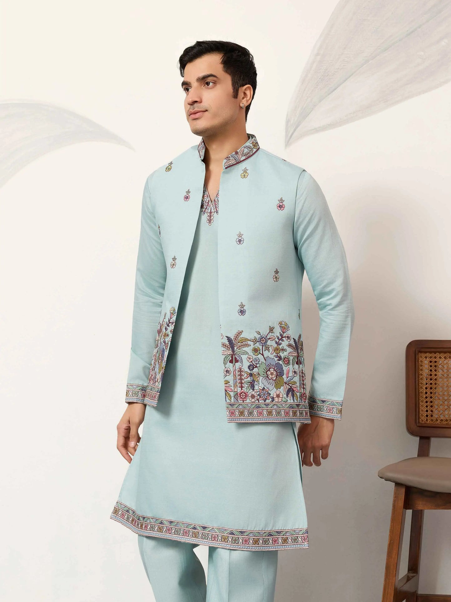 Pastel Sky Kurta Set With Embroidered Koti