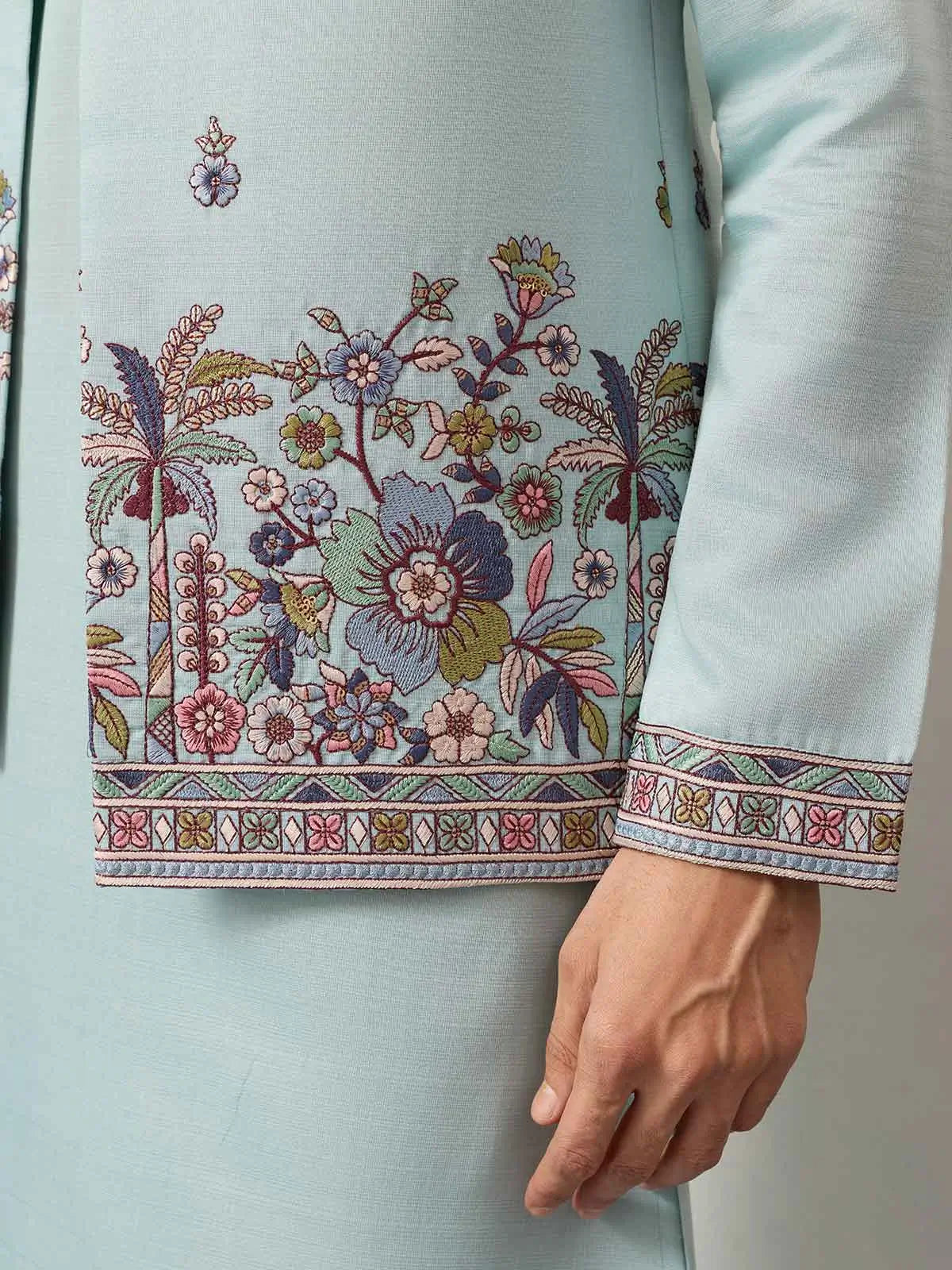 Pastel Sky Kurta Set With Embroidered Koti
