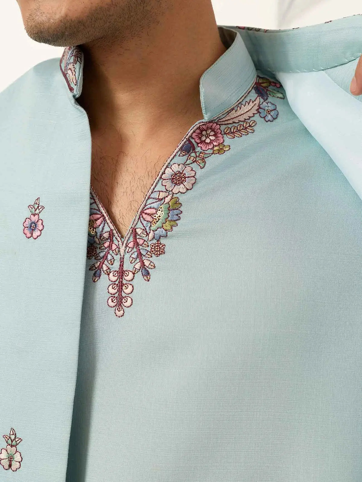 Pastel Sky Kurta Set With Embroidered Koti