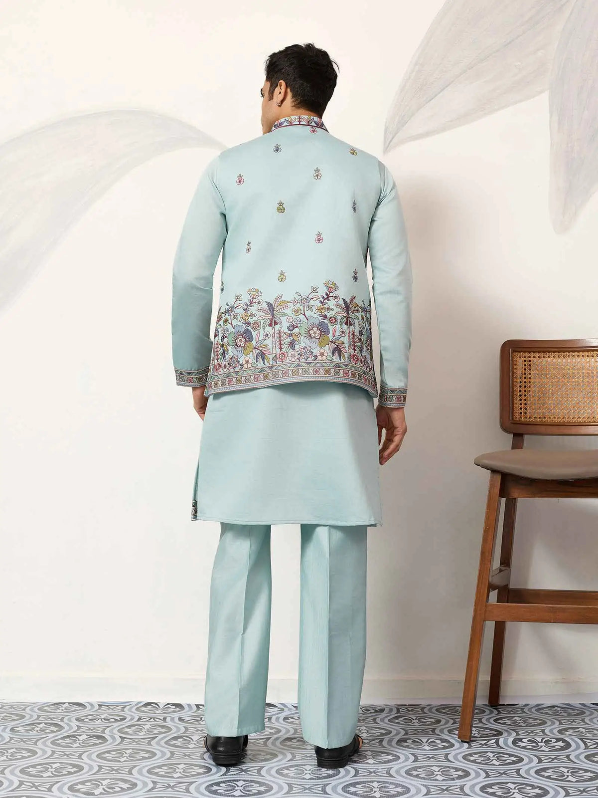 Pastel Sky Kurta Set With Embroidered Koti