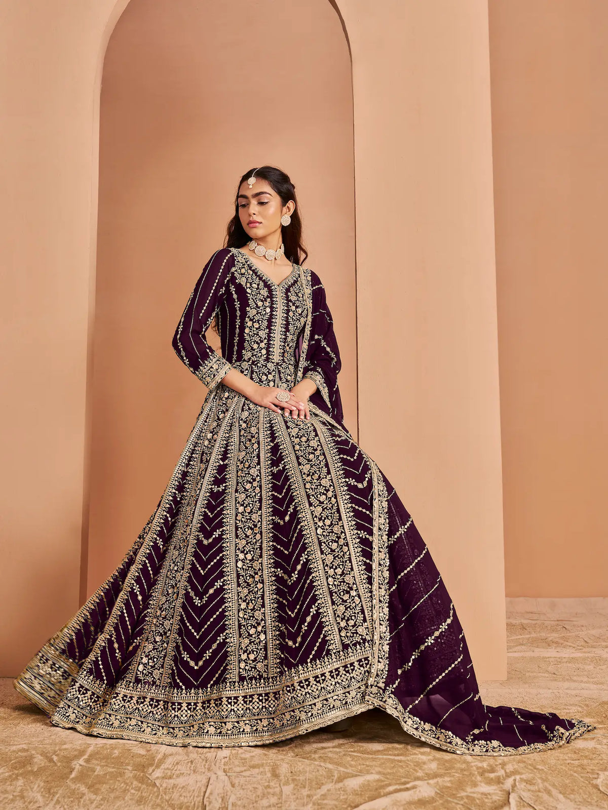 Brown Georgette Gown With Sequence & Thread Embroidery Work