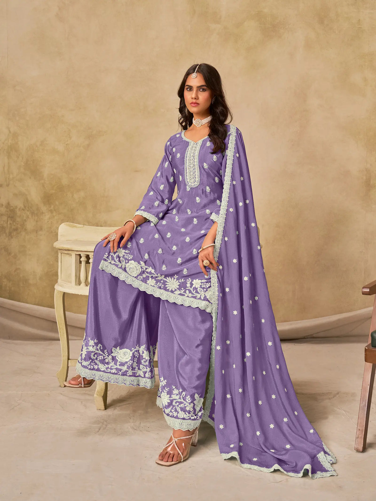 Lavender Chinon Embroidery Work Palazzo Suit