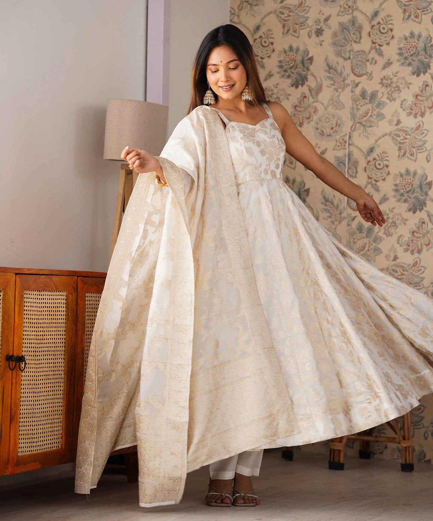 White Banarasi Jacquard Dola Silk Gown