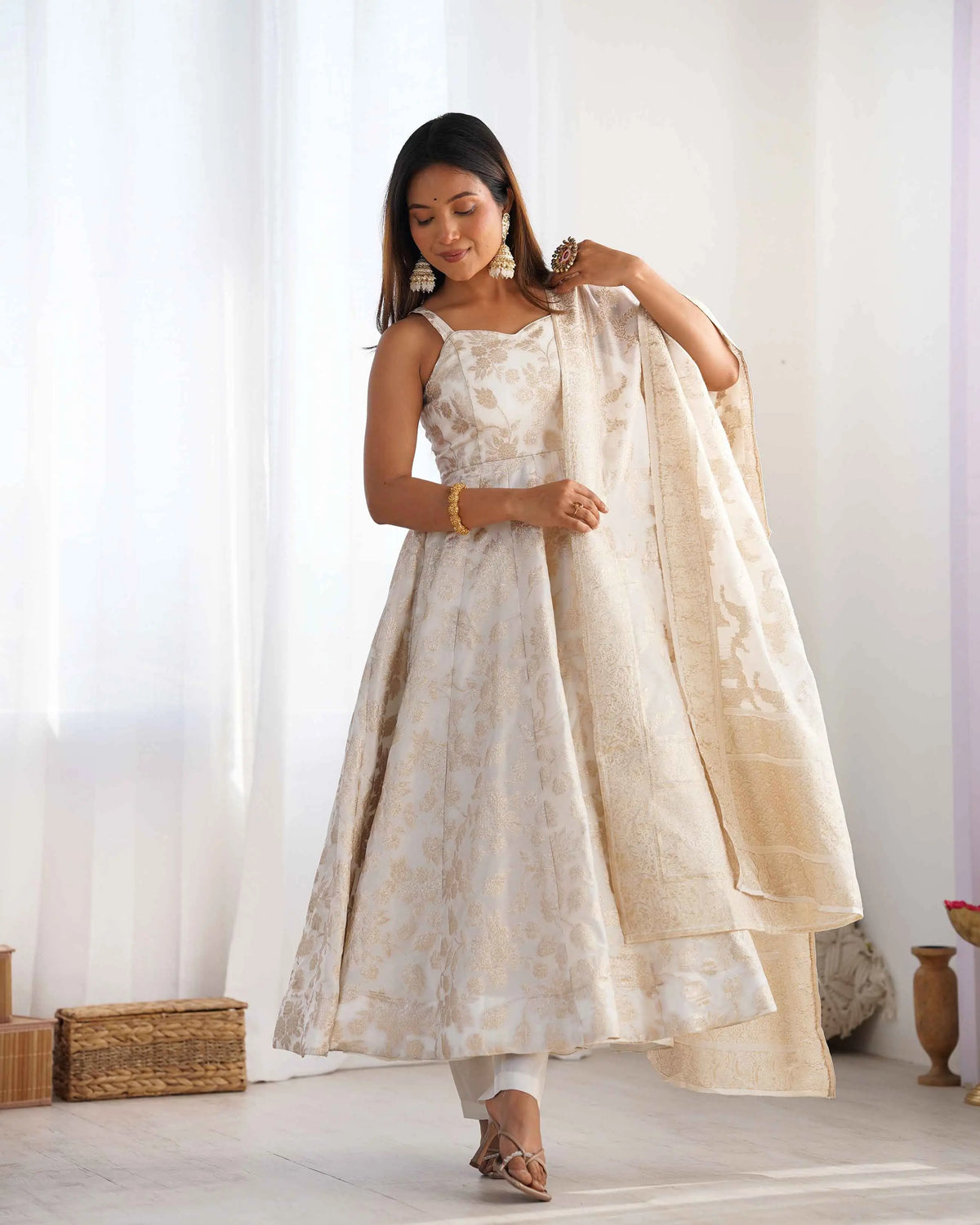 White Banarasi Jacquard Dola Silk Gown