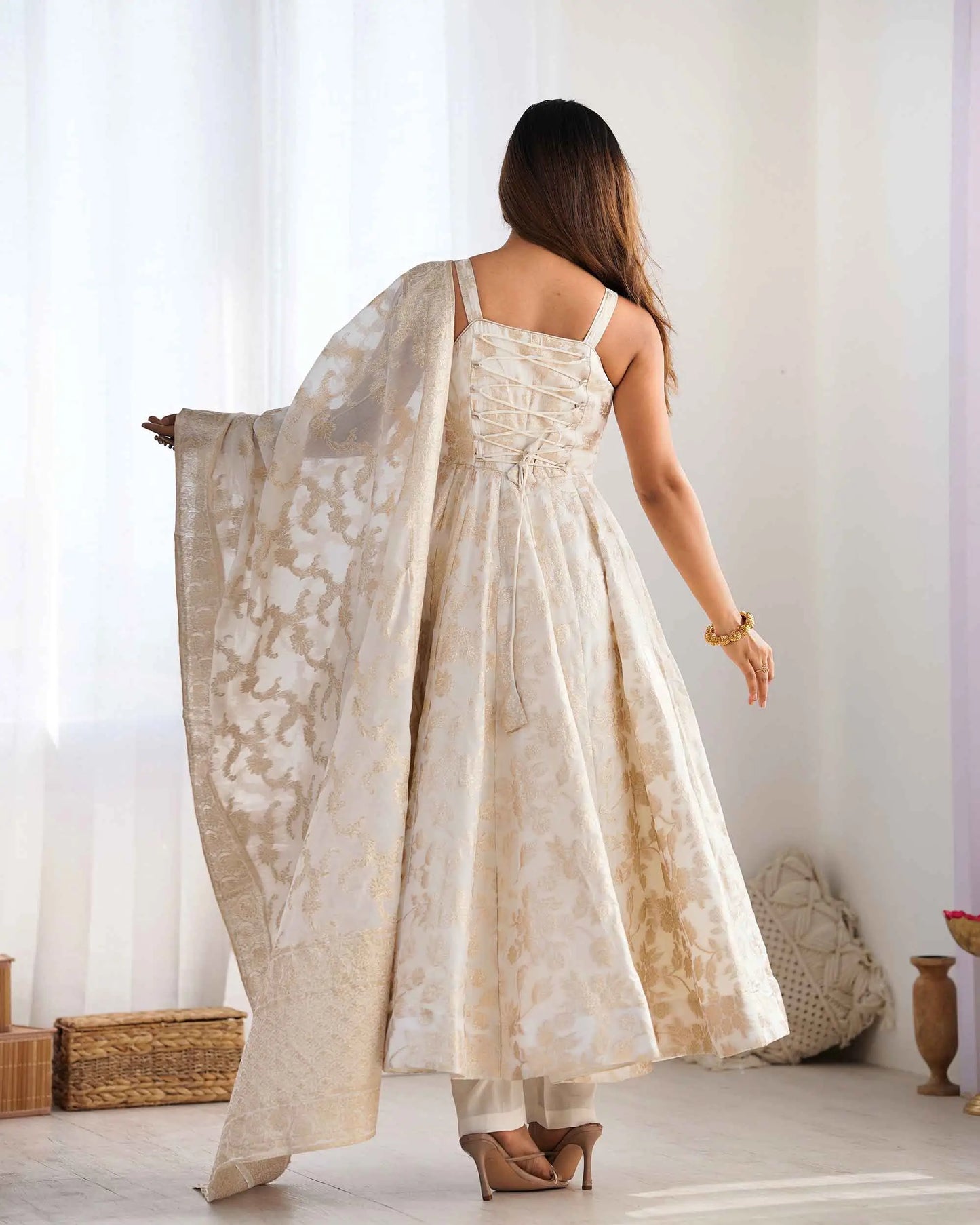 White Banarasi Jacquard Dola Silk Gown