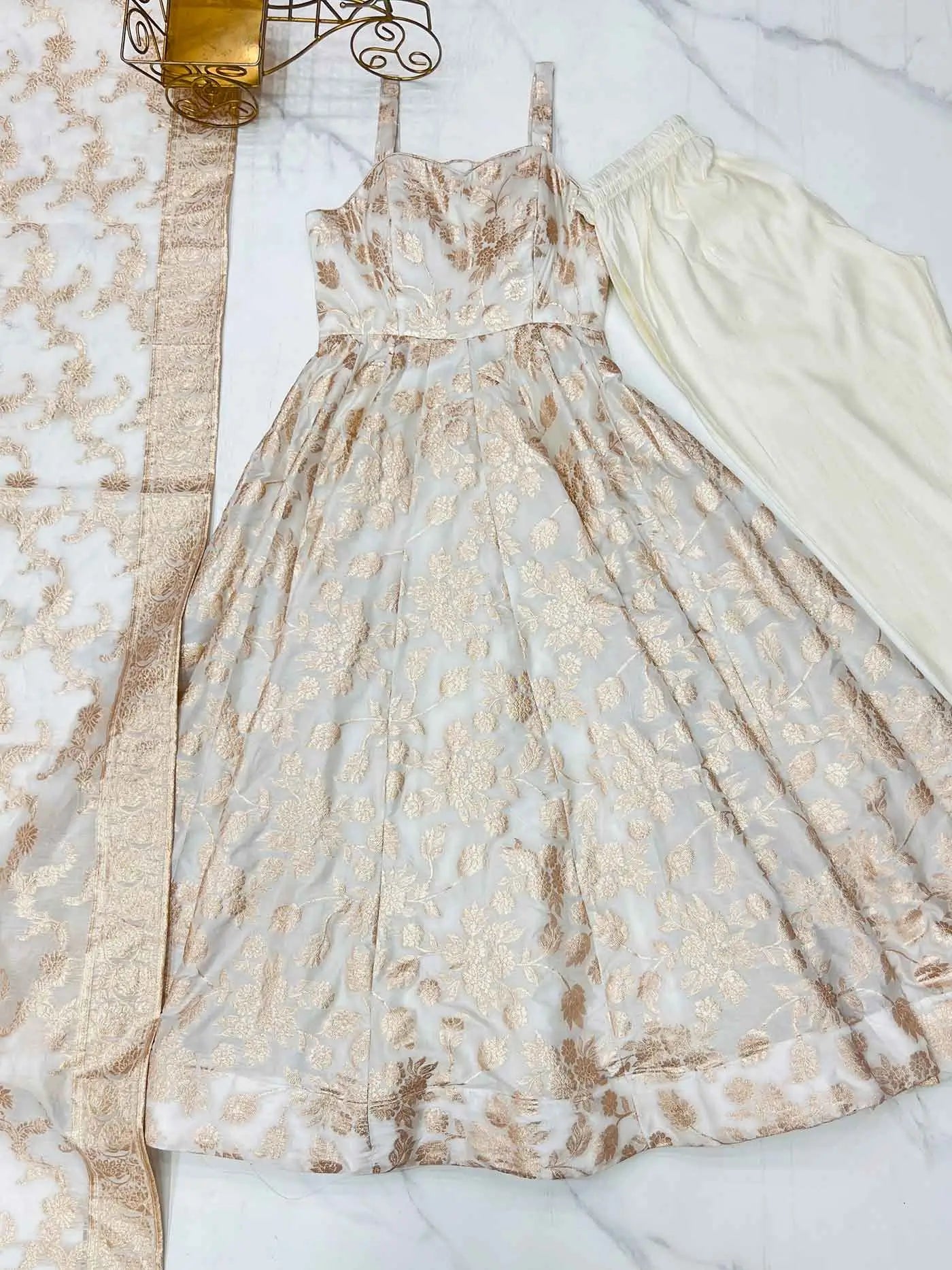 White Banarasi Jacquard Dola Silk Gown