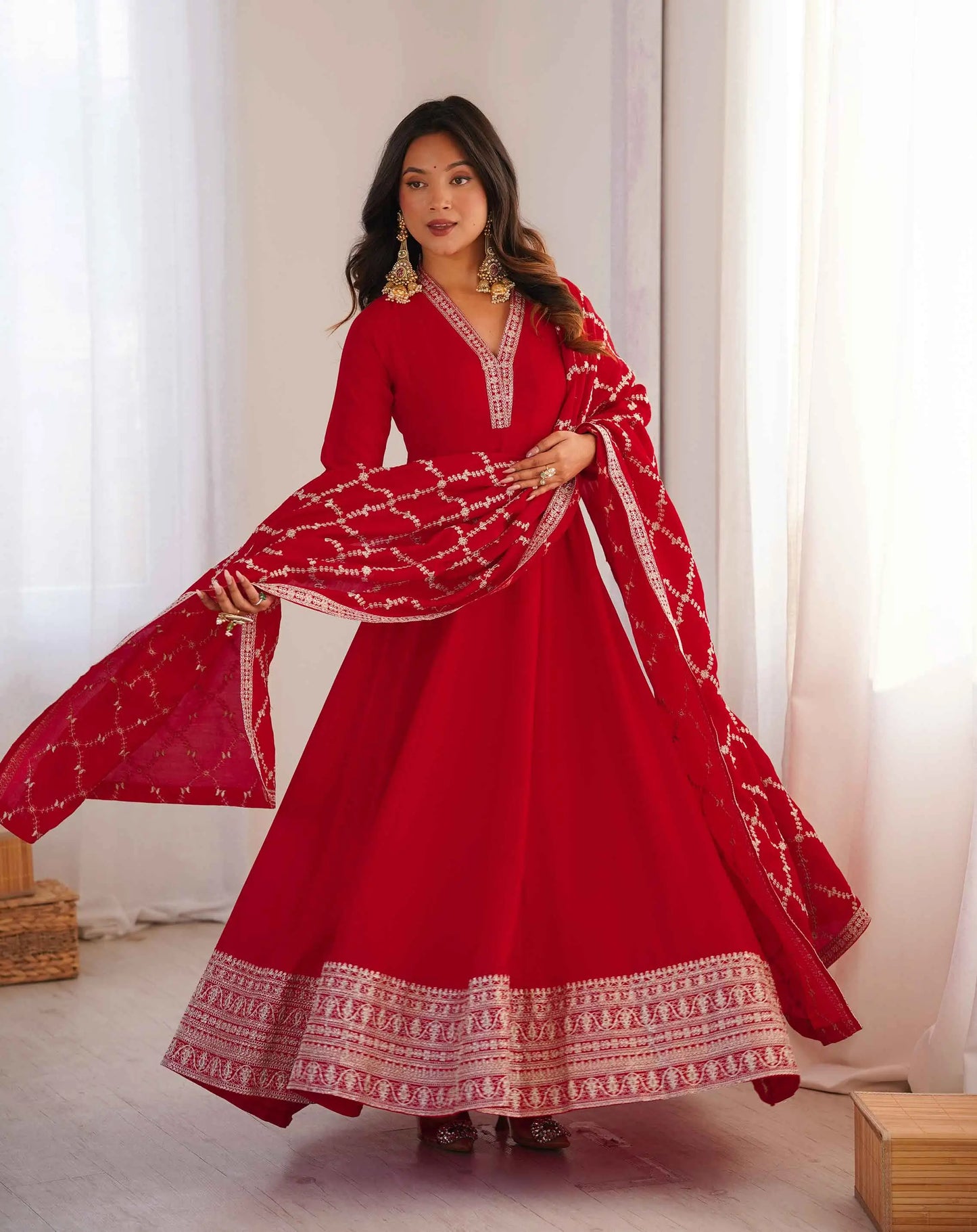 Red Silk Embroidery Work Gown