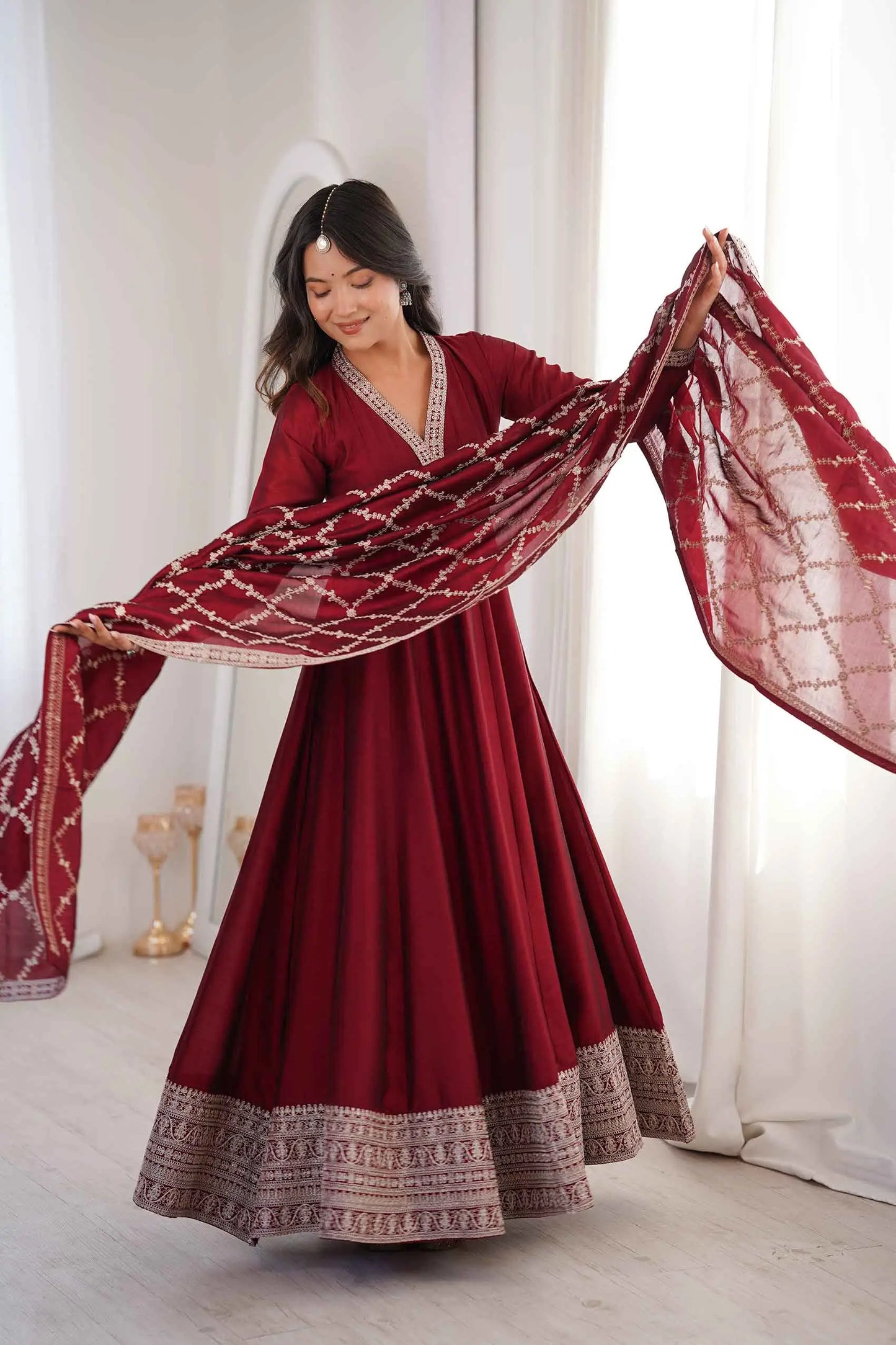 Dark Maroon Silk Embroidery Work Gown