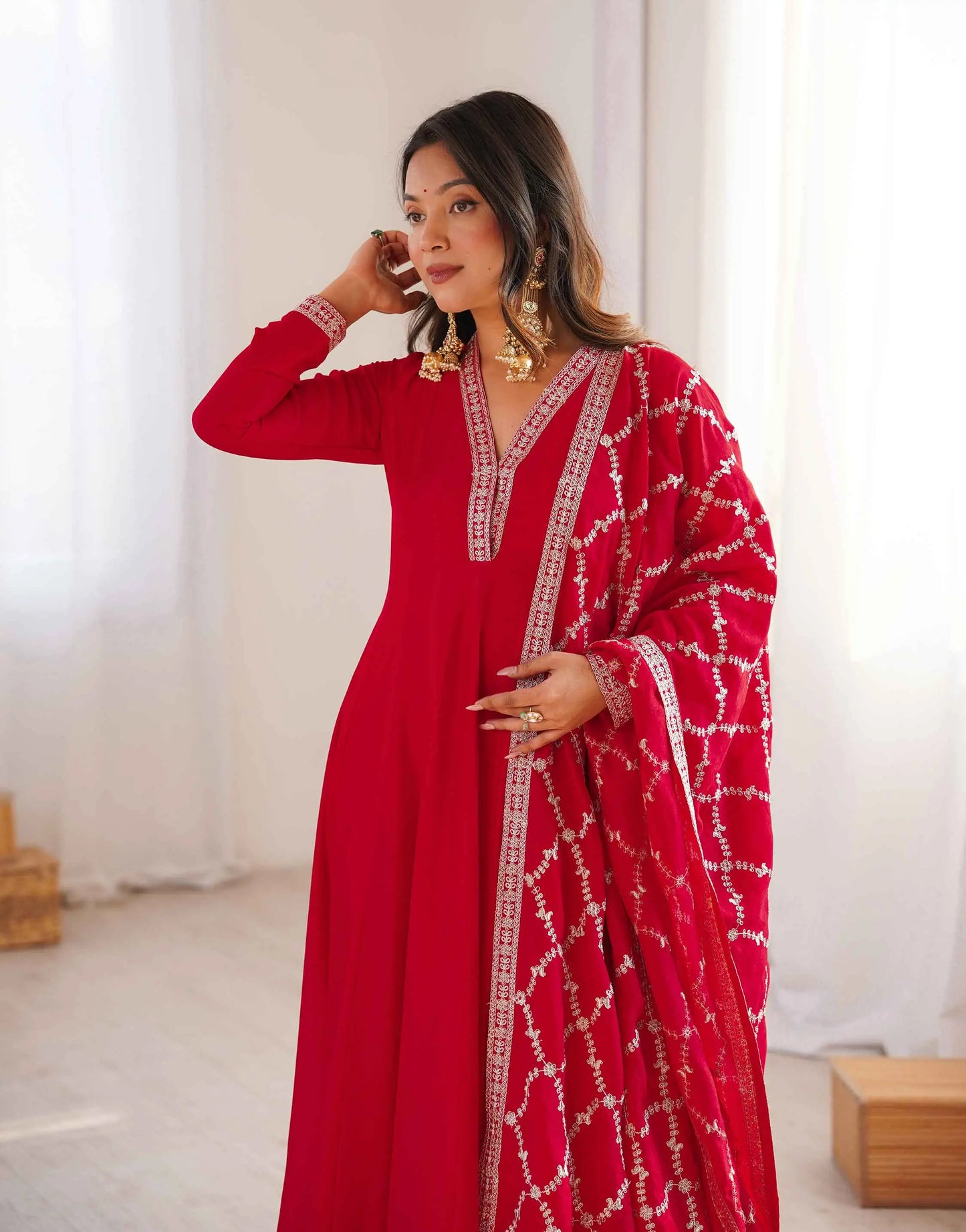 Red Silk Embroidery Work Gown
