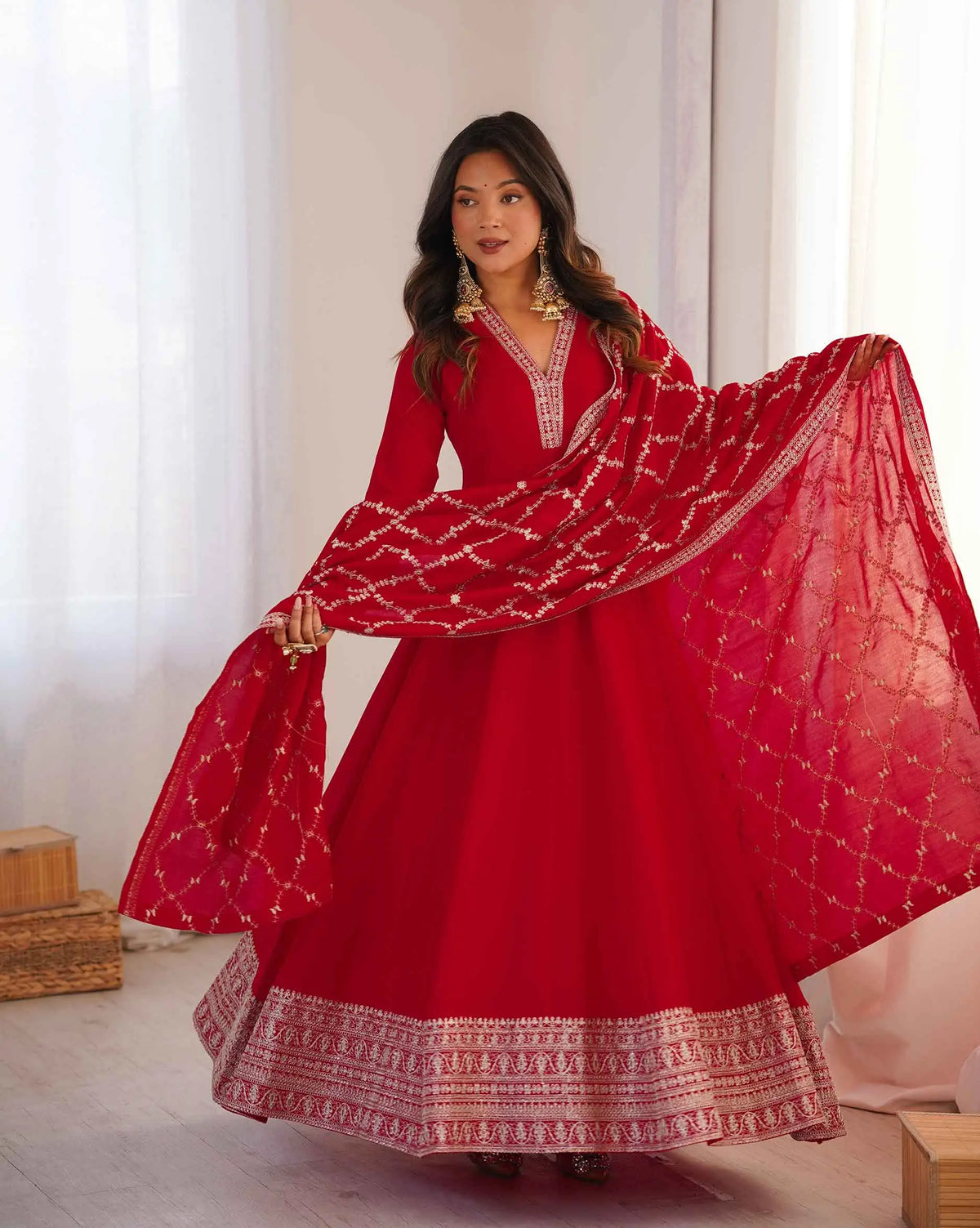 Red Silk Embroidery Work Gown