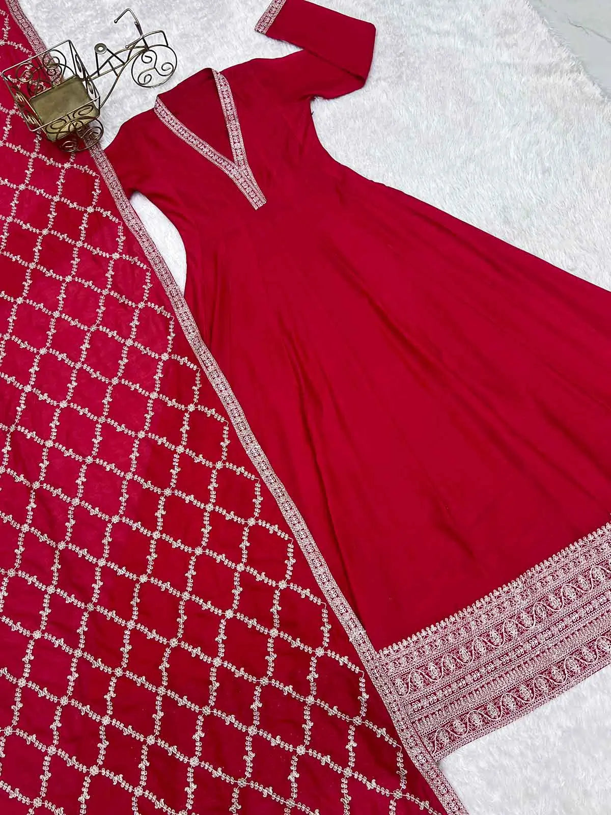 Red Silk Embroidery Work Gown