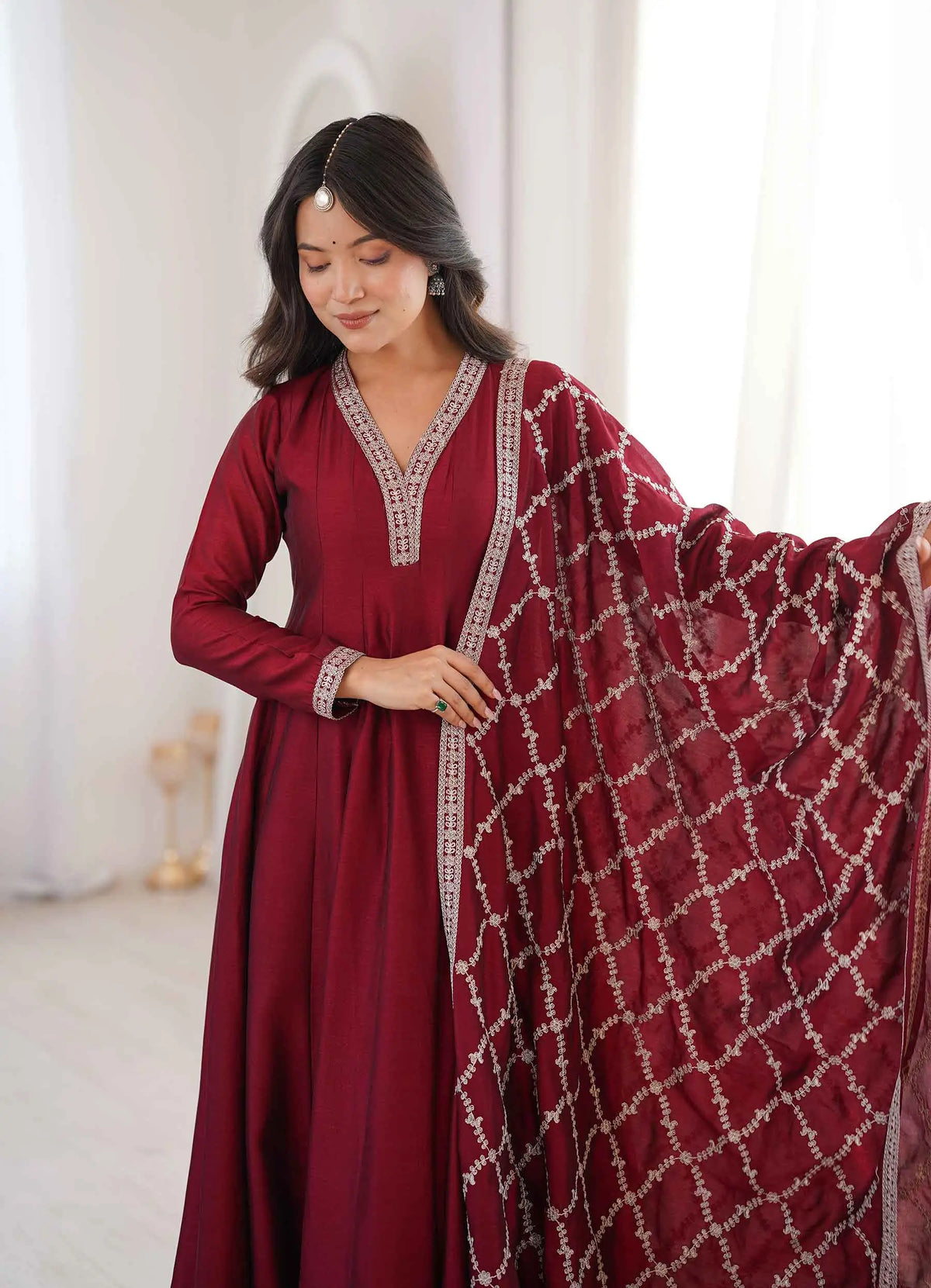 Dark Maroon Silk Embroidery Work Gown