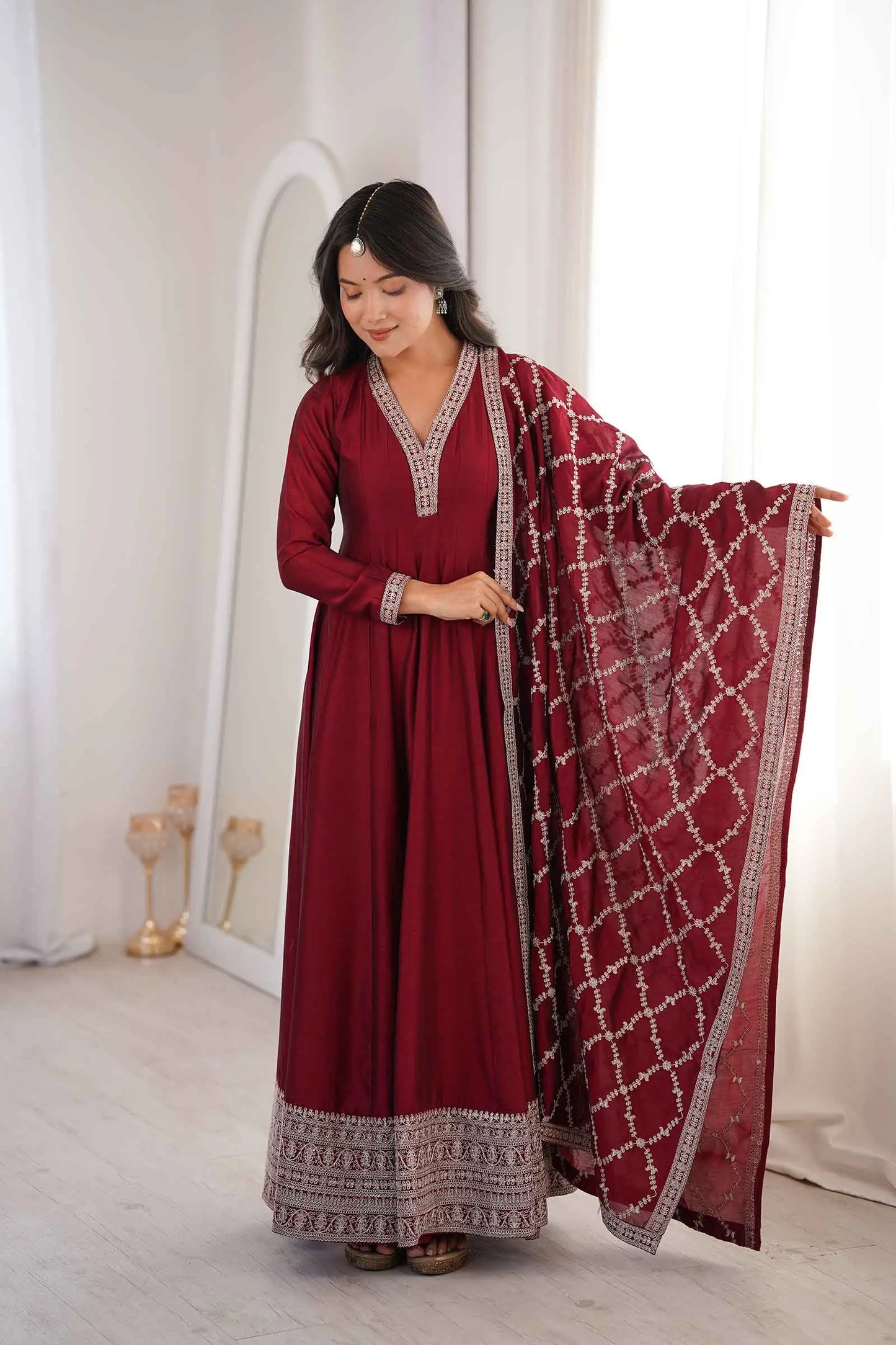 Dark Maroon Silk Embroidery Work Gown