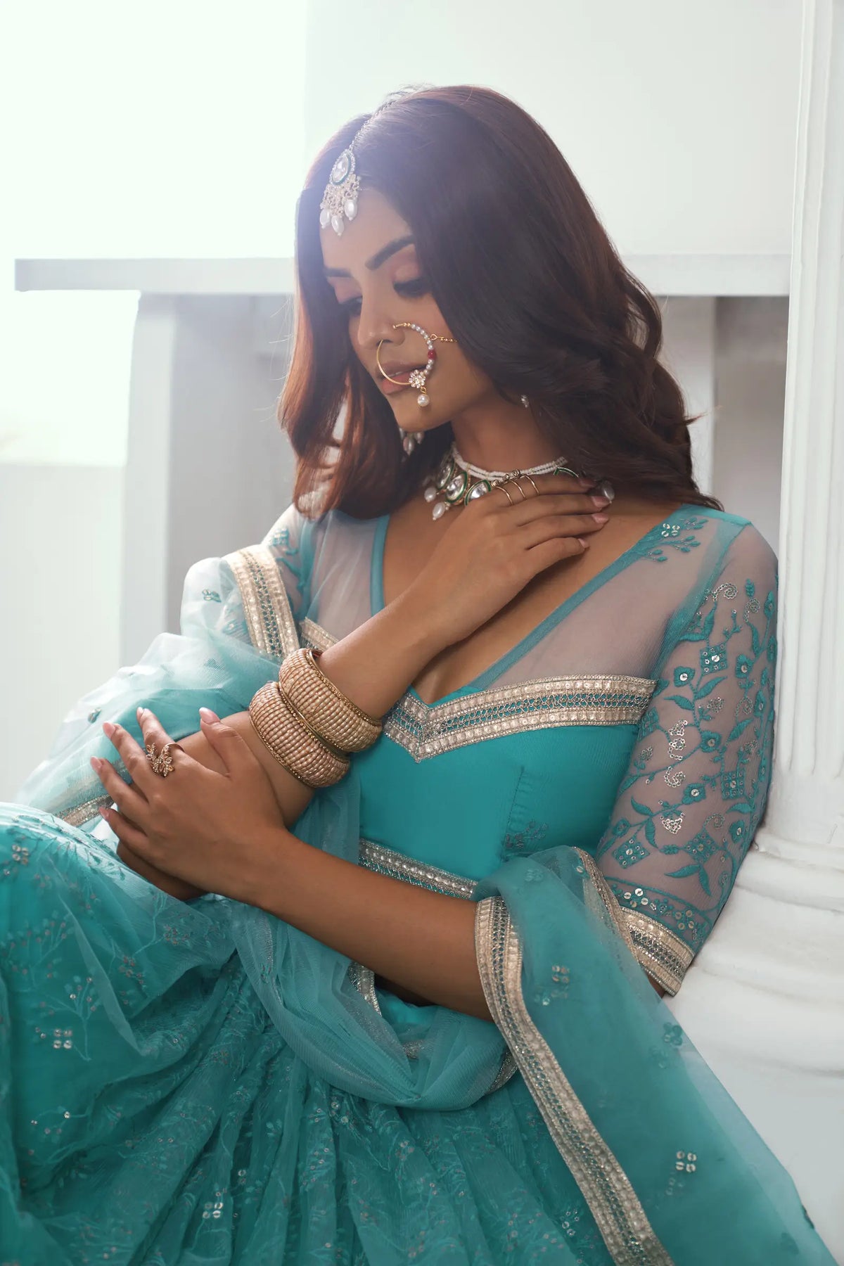 Fountain Blue Net Lehenga Choli With Cotton Thread Work & Sequence Embroidery Work