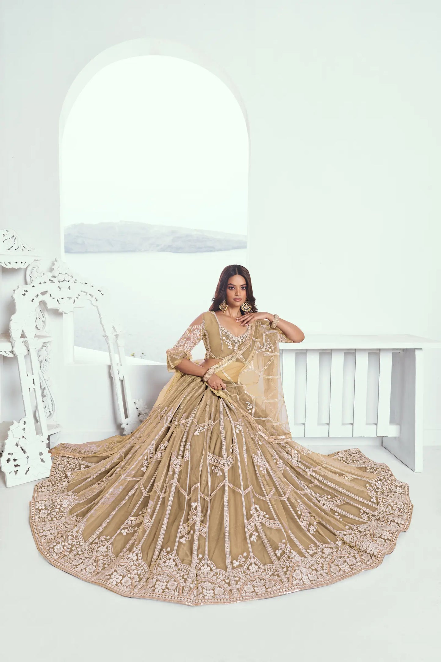 Beige Net Lehenga Choli With Sequence & Cotton Thread Work Embroidery Work