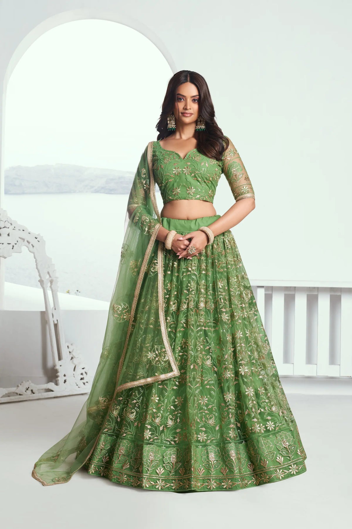 Light Green Net Lehenga Choli With Cotton Thread Work & Sequence Embroidery Work