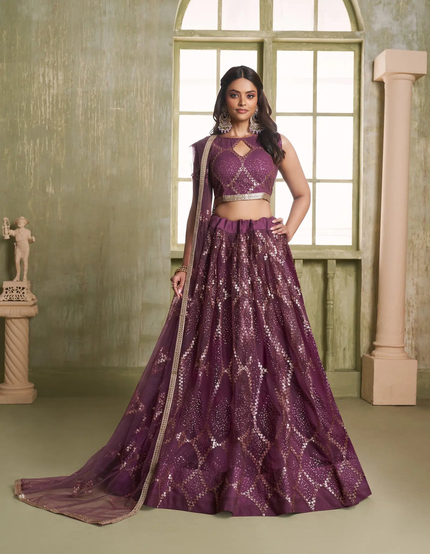Wine Net Sequins Lehenga Choli