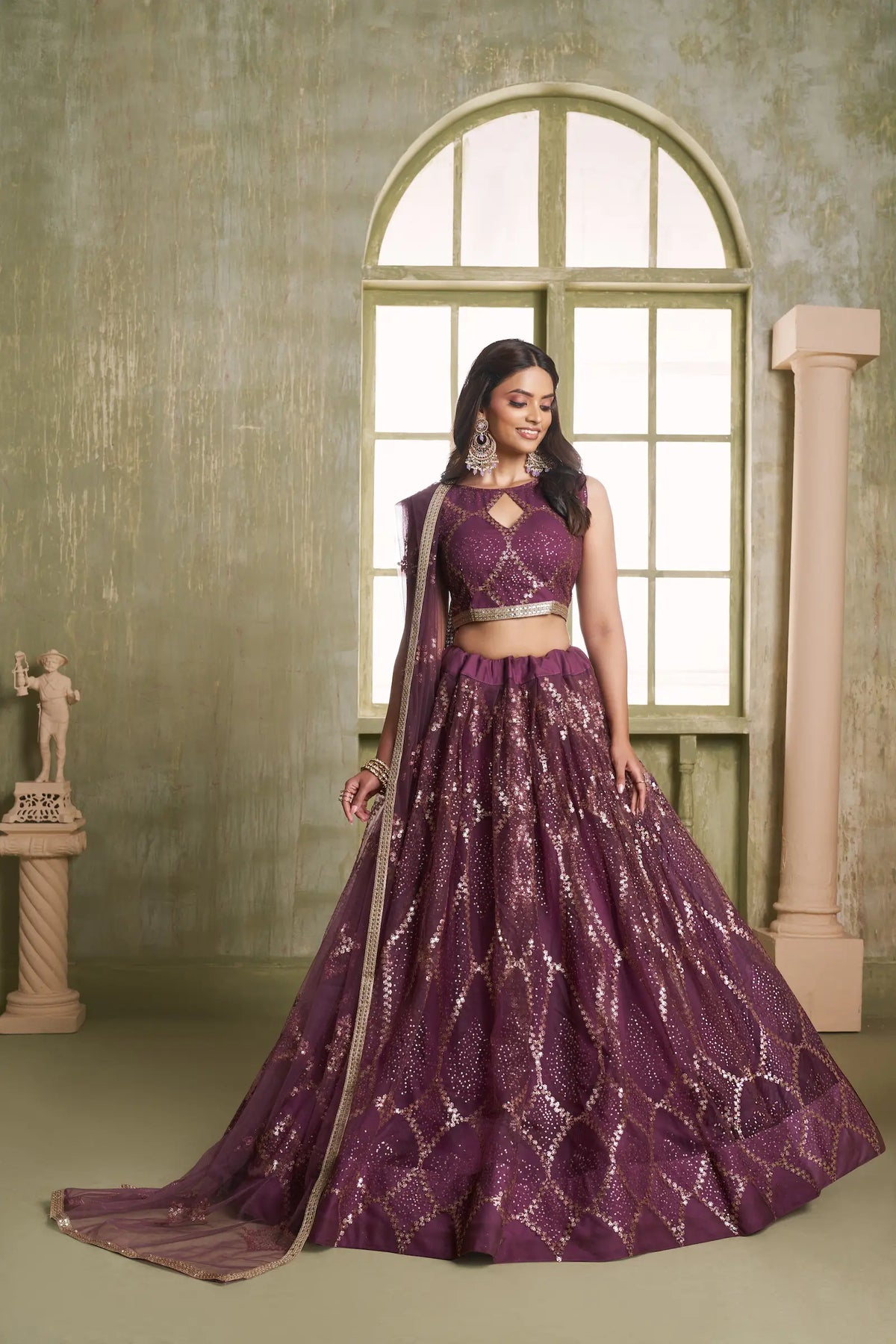 Wine Net Sequins Lehenga Choli