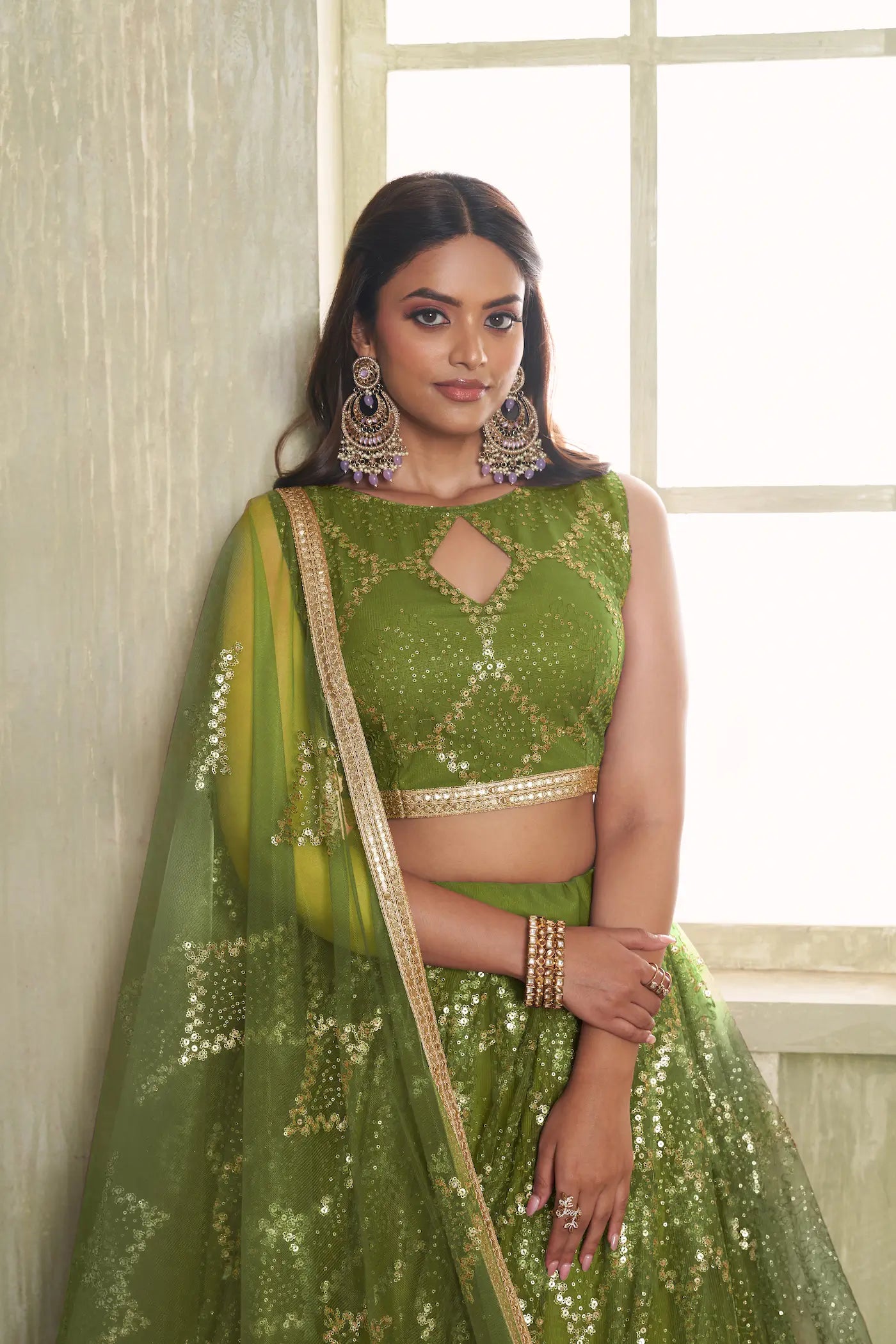 Leaf Green Net Sequins Lehenga choli