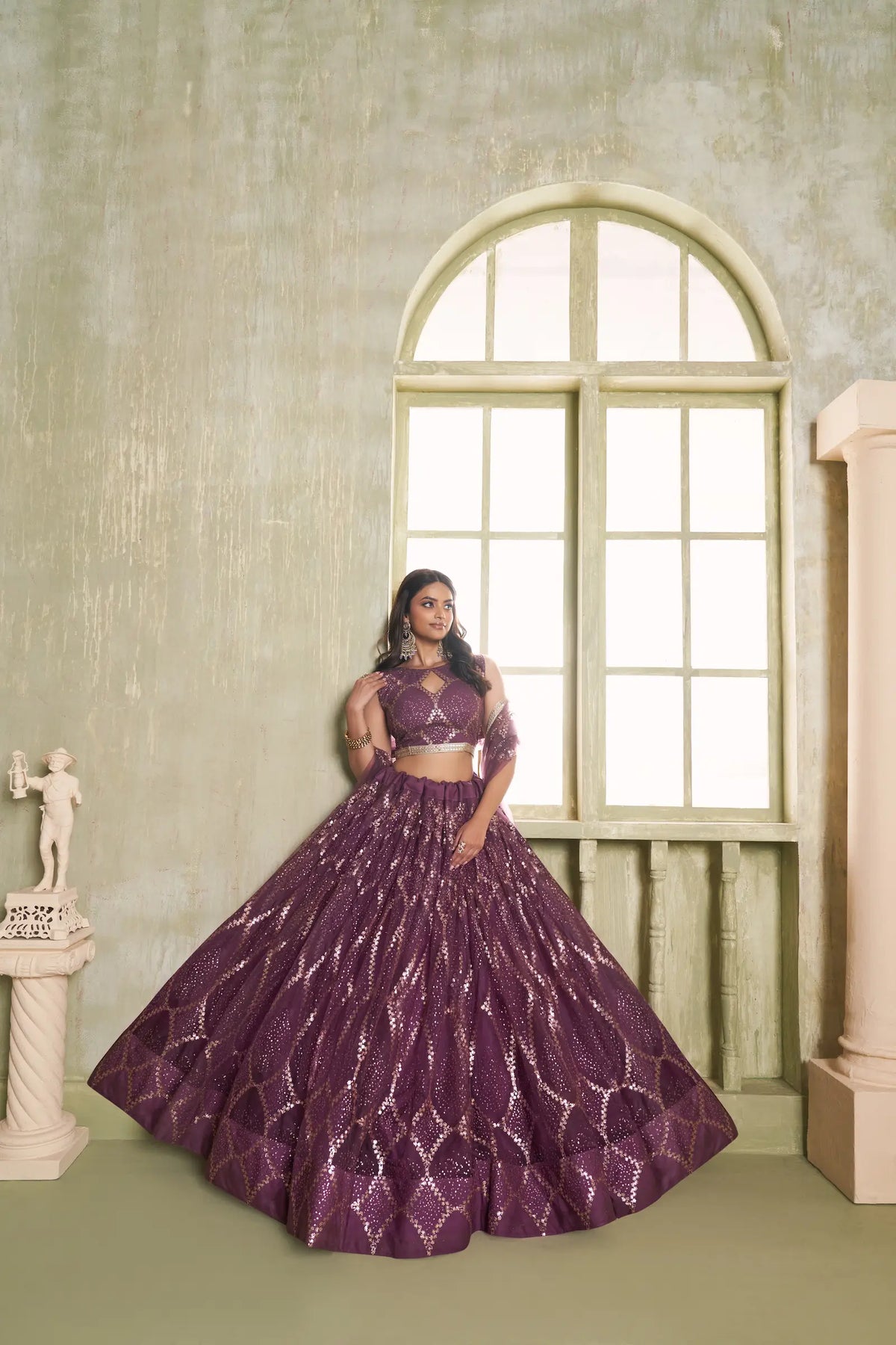 Wine Net Sequins Lehenga Choli