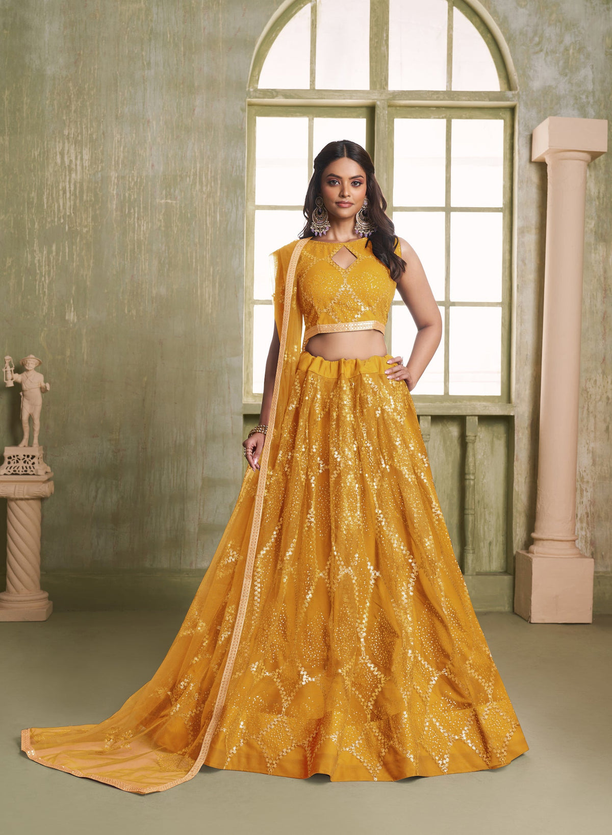 Mustard Yellow Net Sequins Lehenga choli