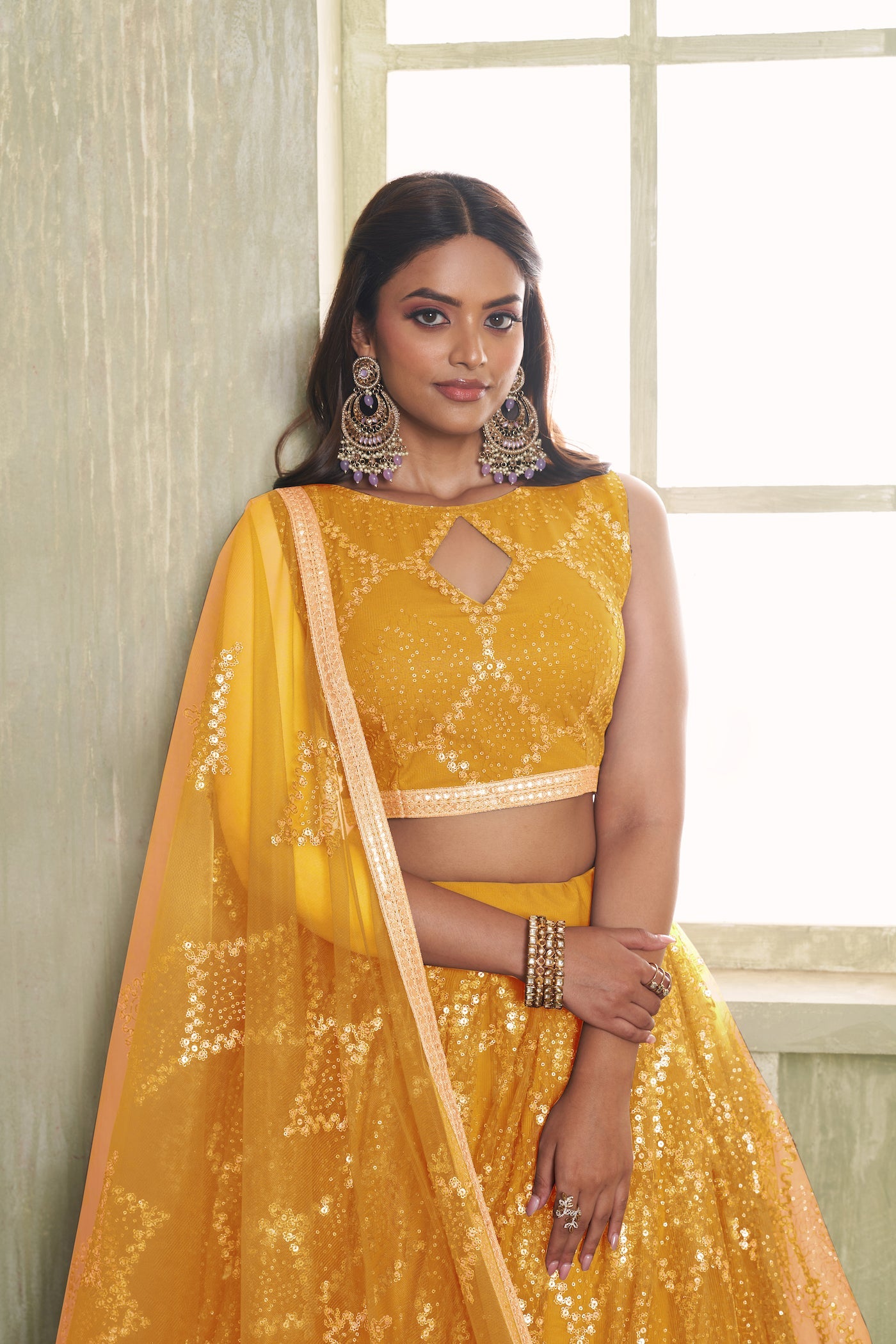 Mustard Yellow Net Sequins Lehenga choli