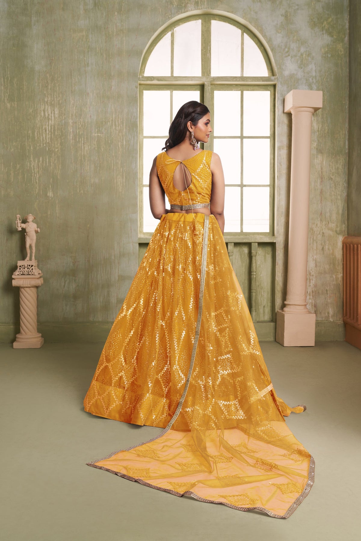 Mustard Yellow Net Sequins Lehenga choli