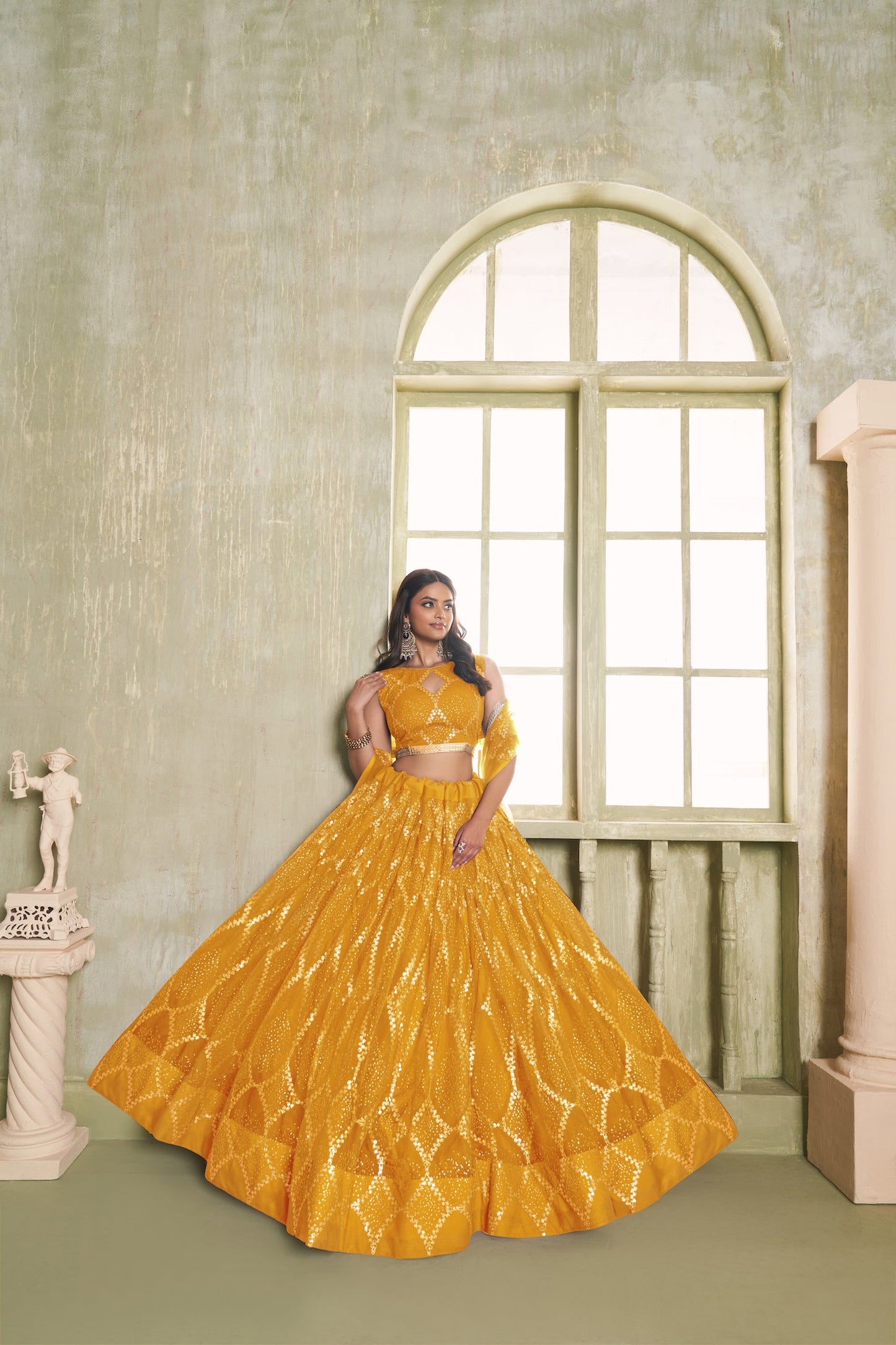 Mustard Yellow Net Sequins Lehenga choli