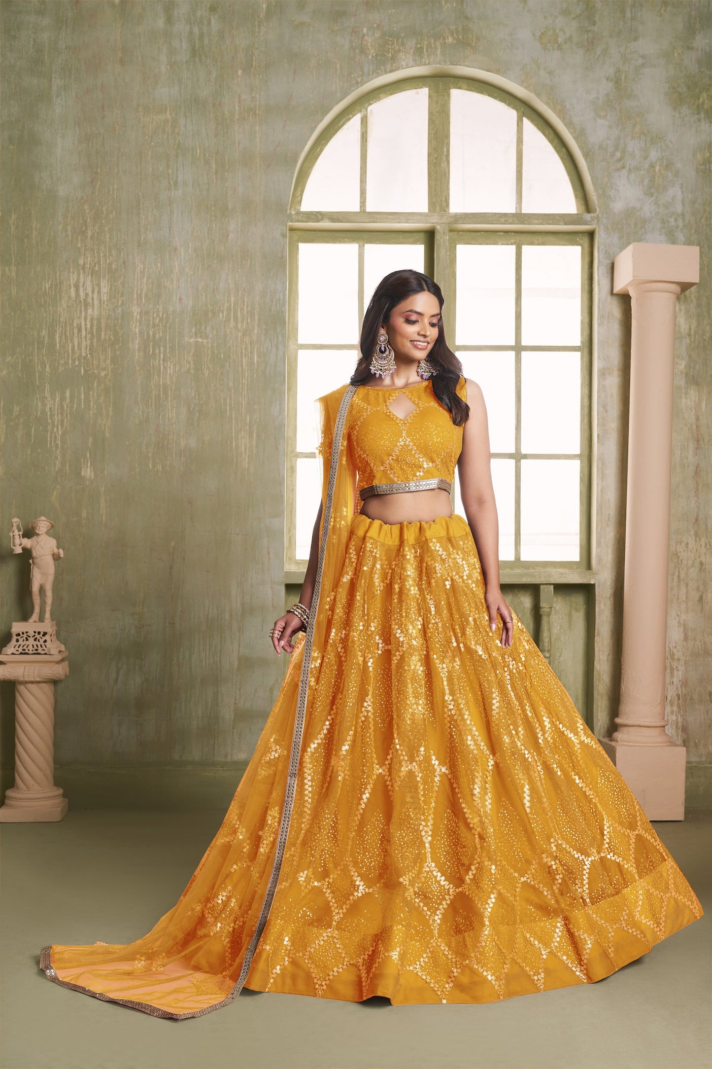 Mustard Yellow Net Sequins Lehenga choli