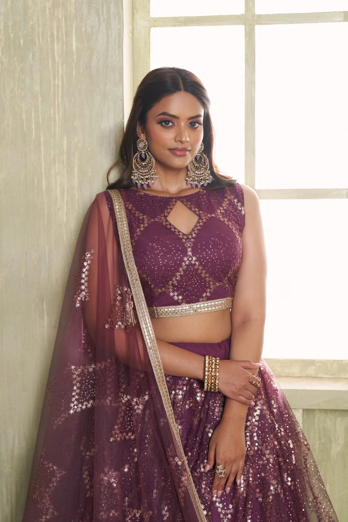 Wine Net Sequins Lehenga Choli