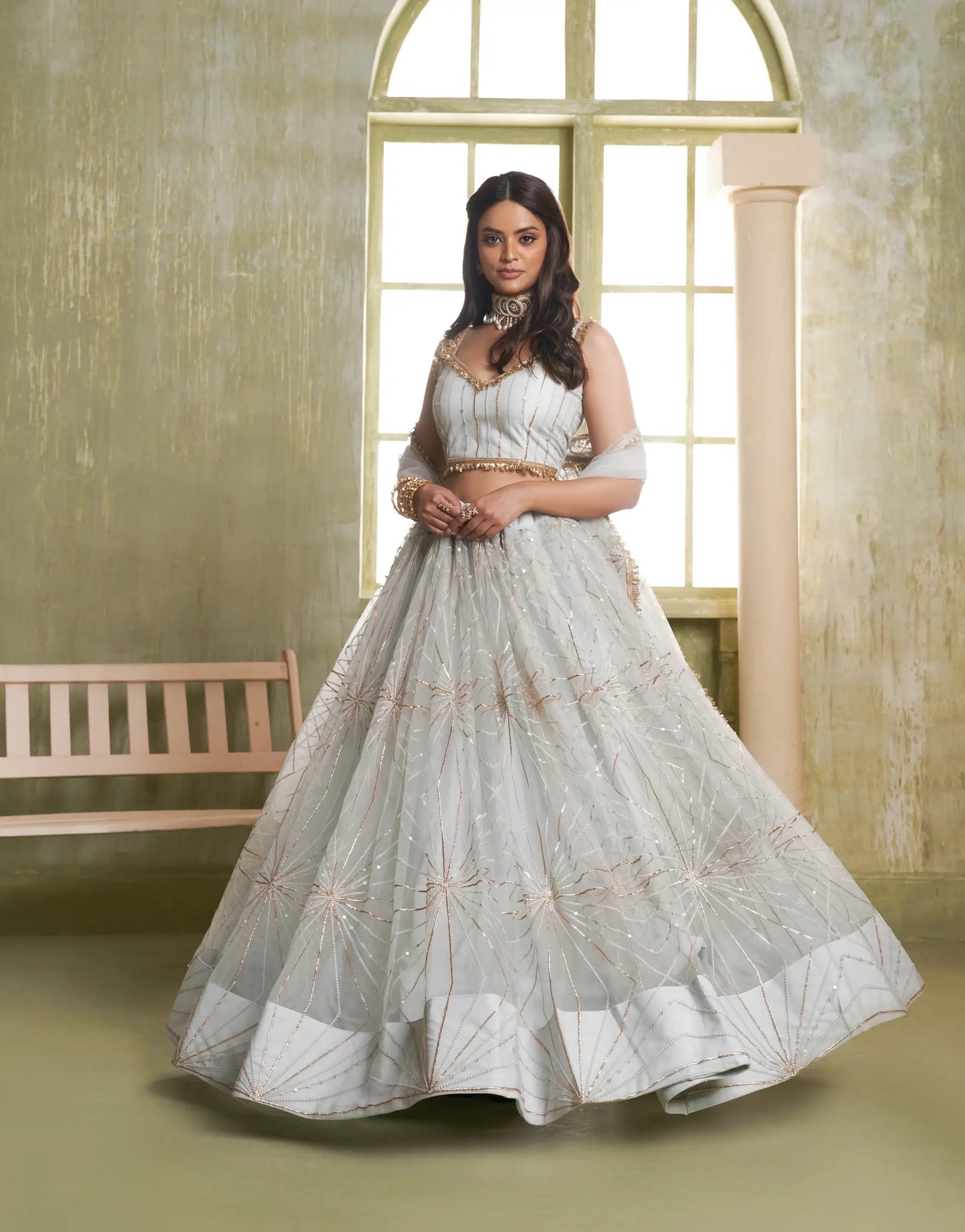 Light Grey Net Sequins Lehenga Choli