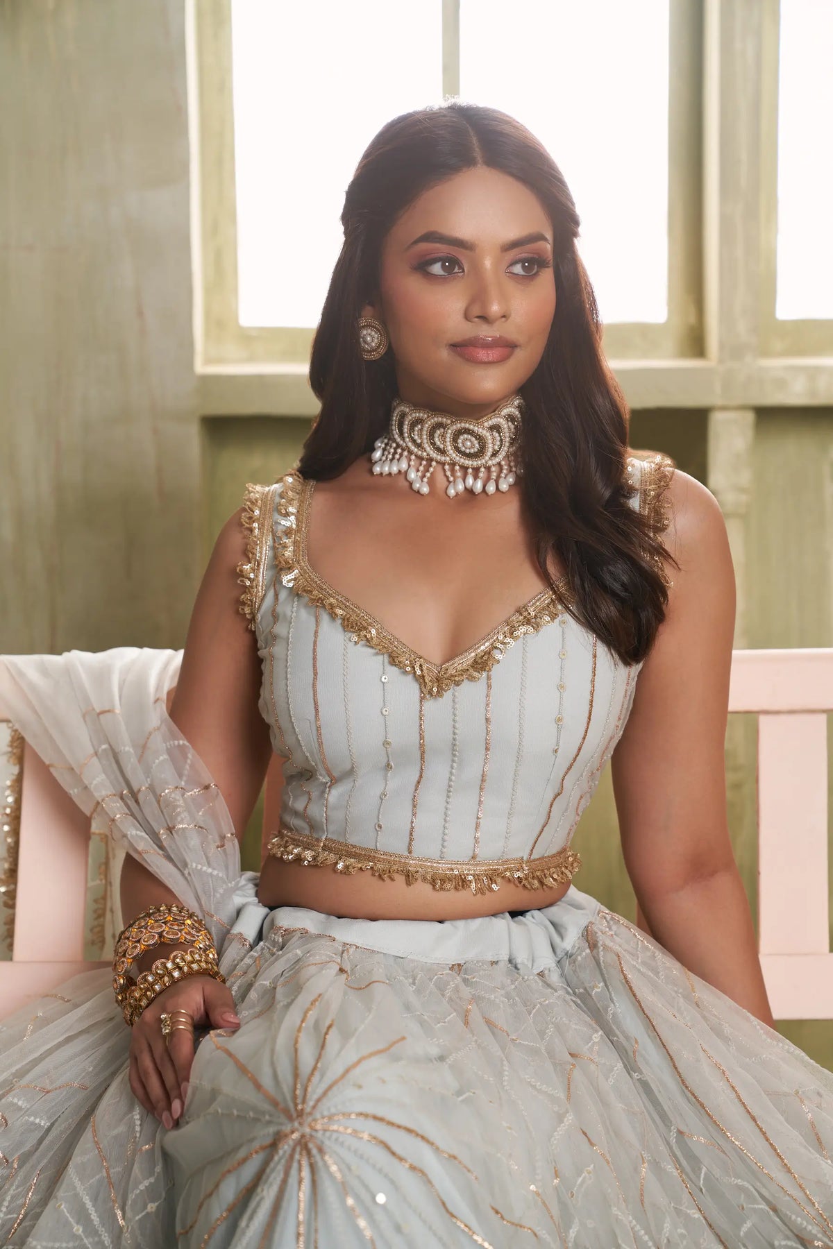 Light Grey Net Sequins Lehenga Choli