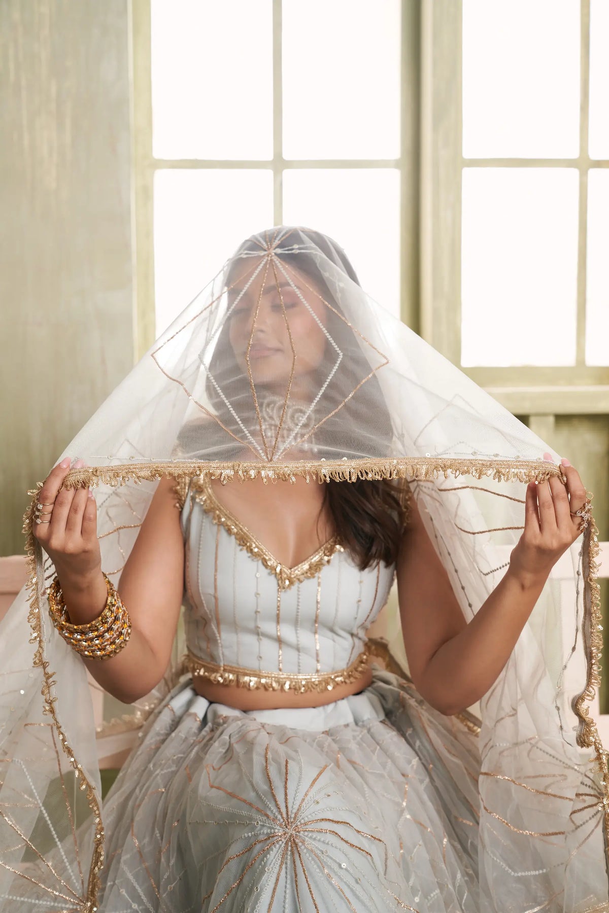 Light Grey Net Sequins Lehenga Choli