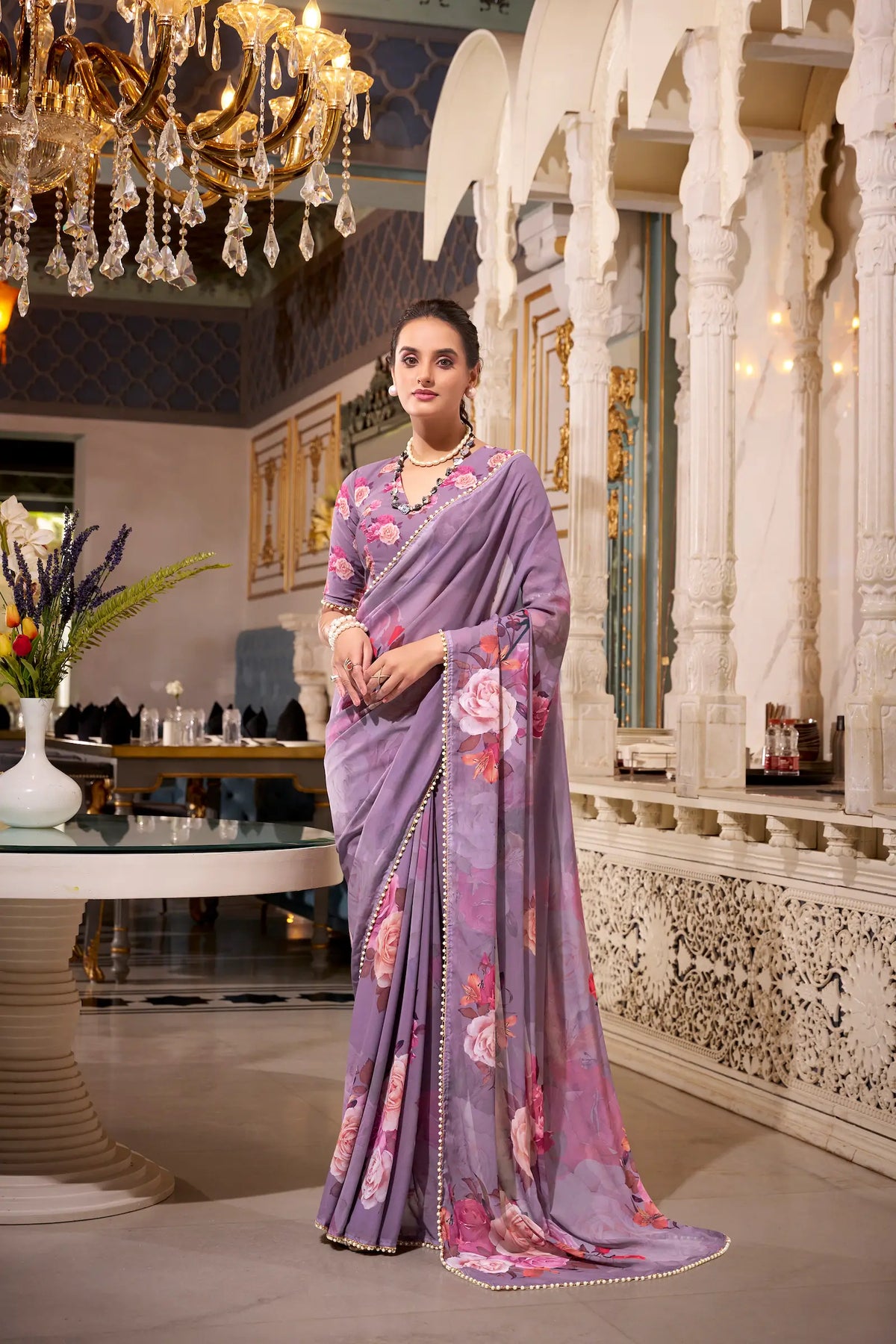 Grey Georgette Floral Print & Pearl Lace Border Saree