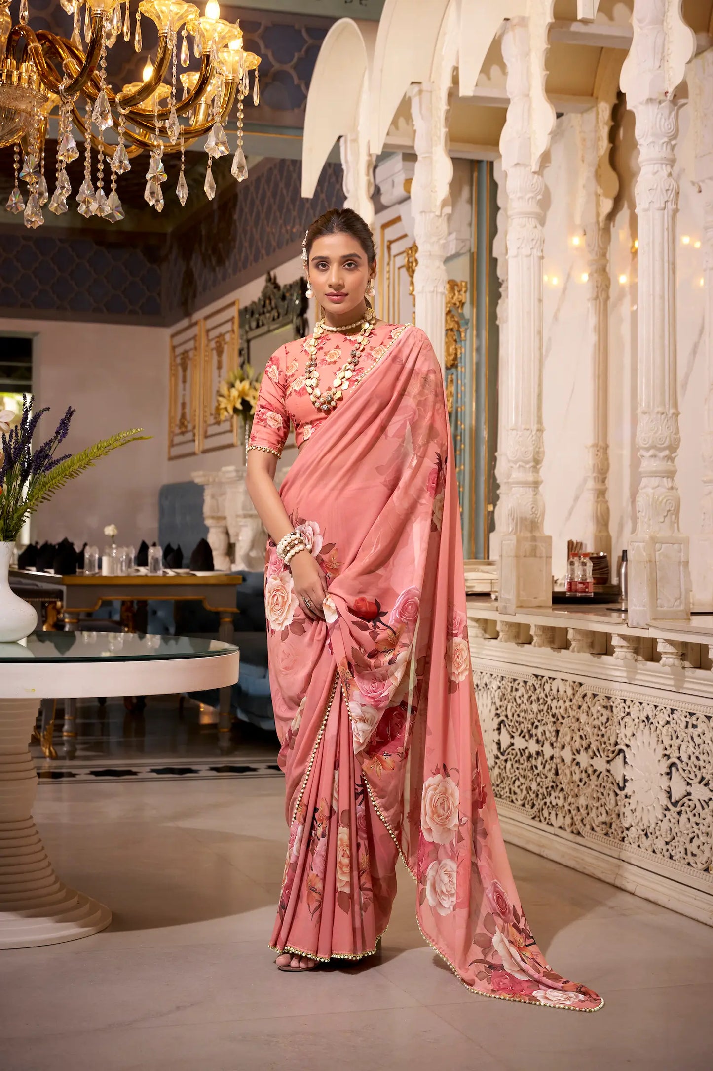 Light Orange Georgette Floral Print & Pearl Lace Border Saree