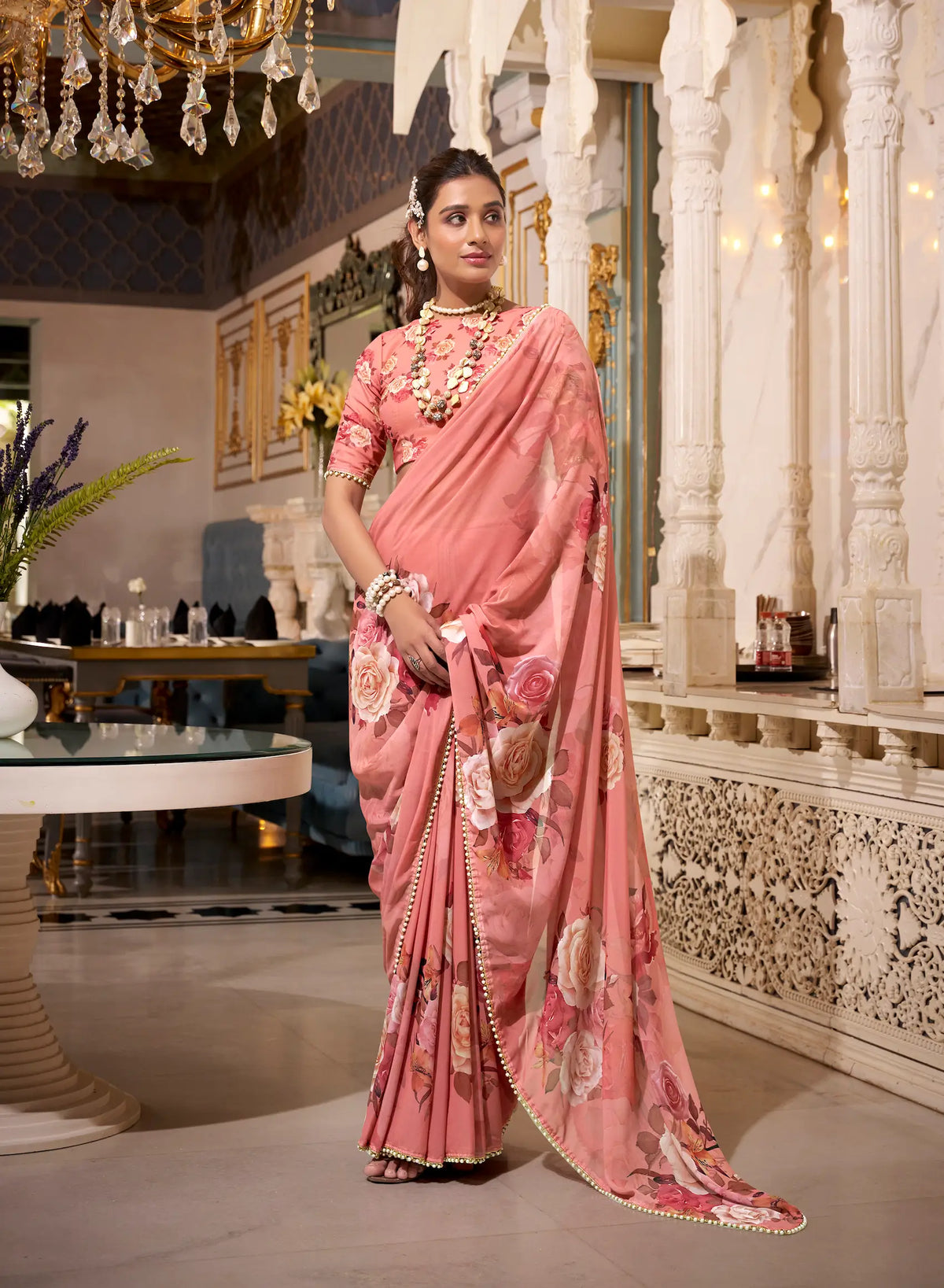 Light Orange Georgette Floral Print & Pearl Lace Border Saree