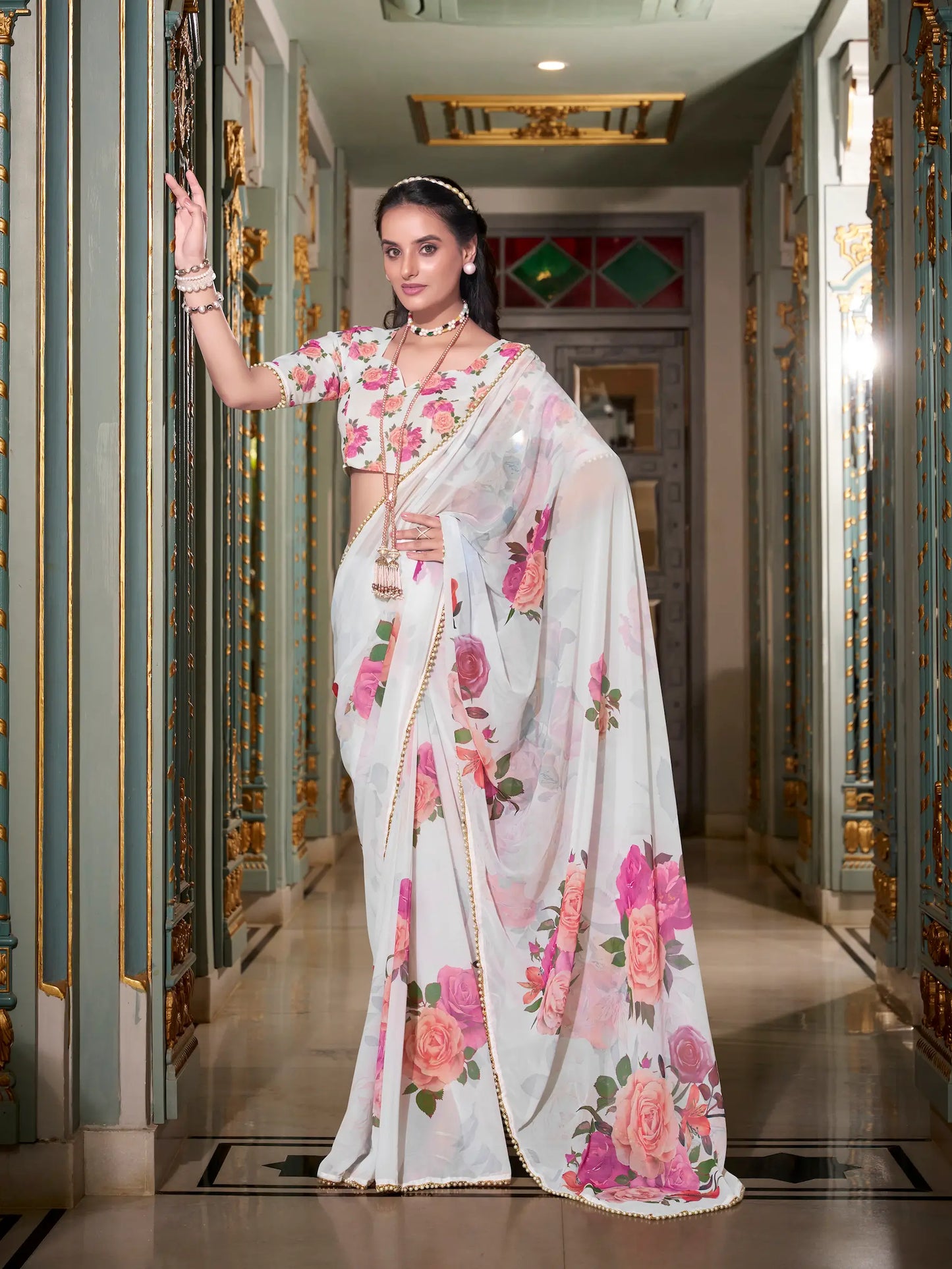 White Georgette Floral Print & Pearl Lace Border Saree