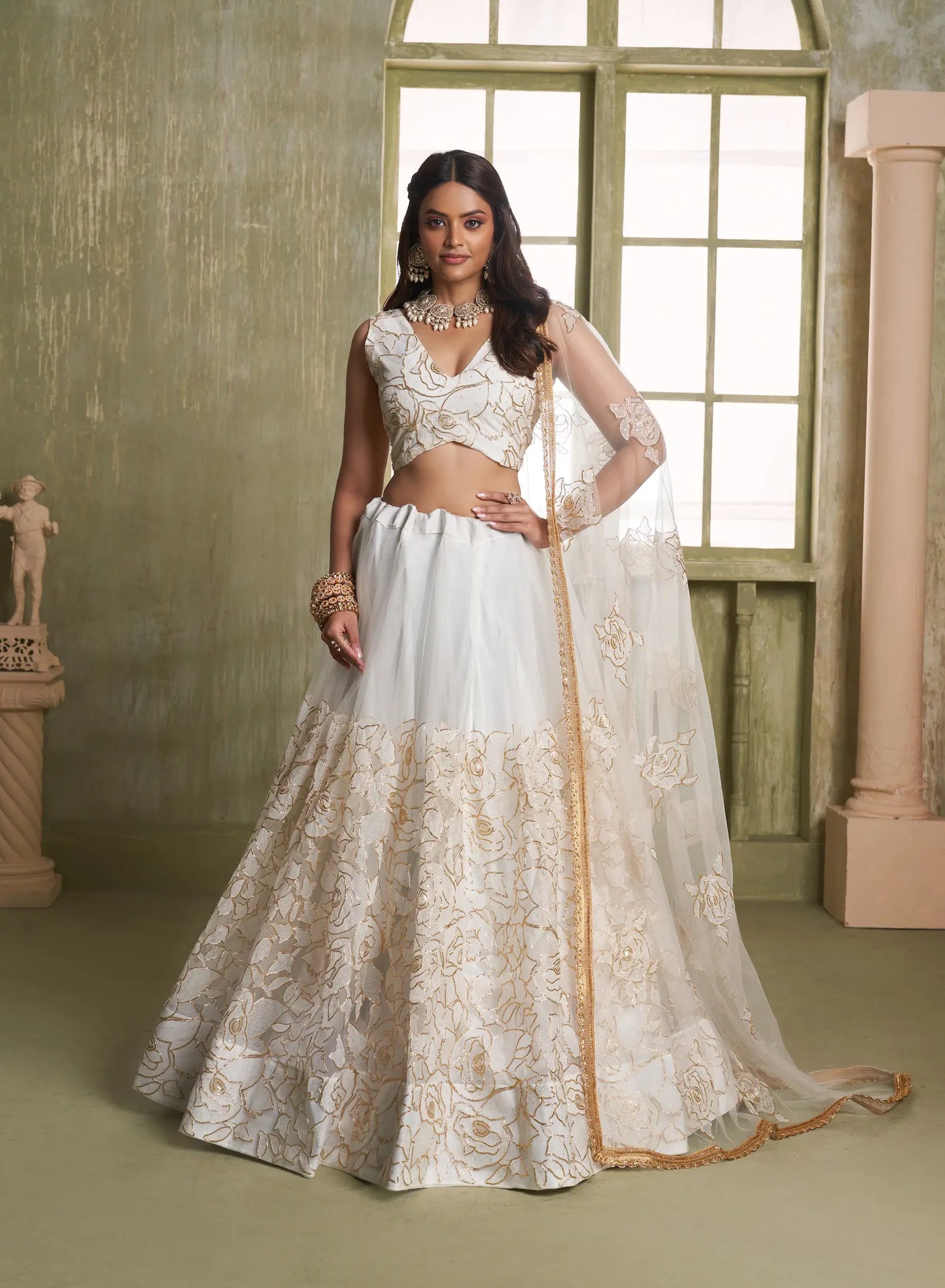 Pearl White Net Sequins Lehenga Choli