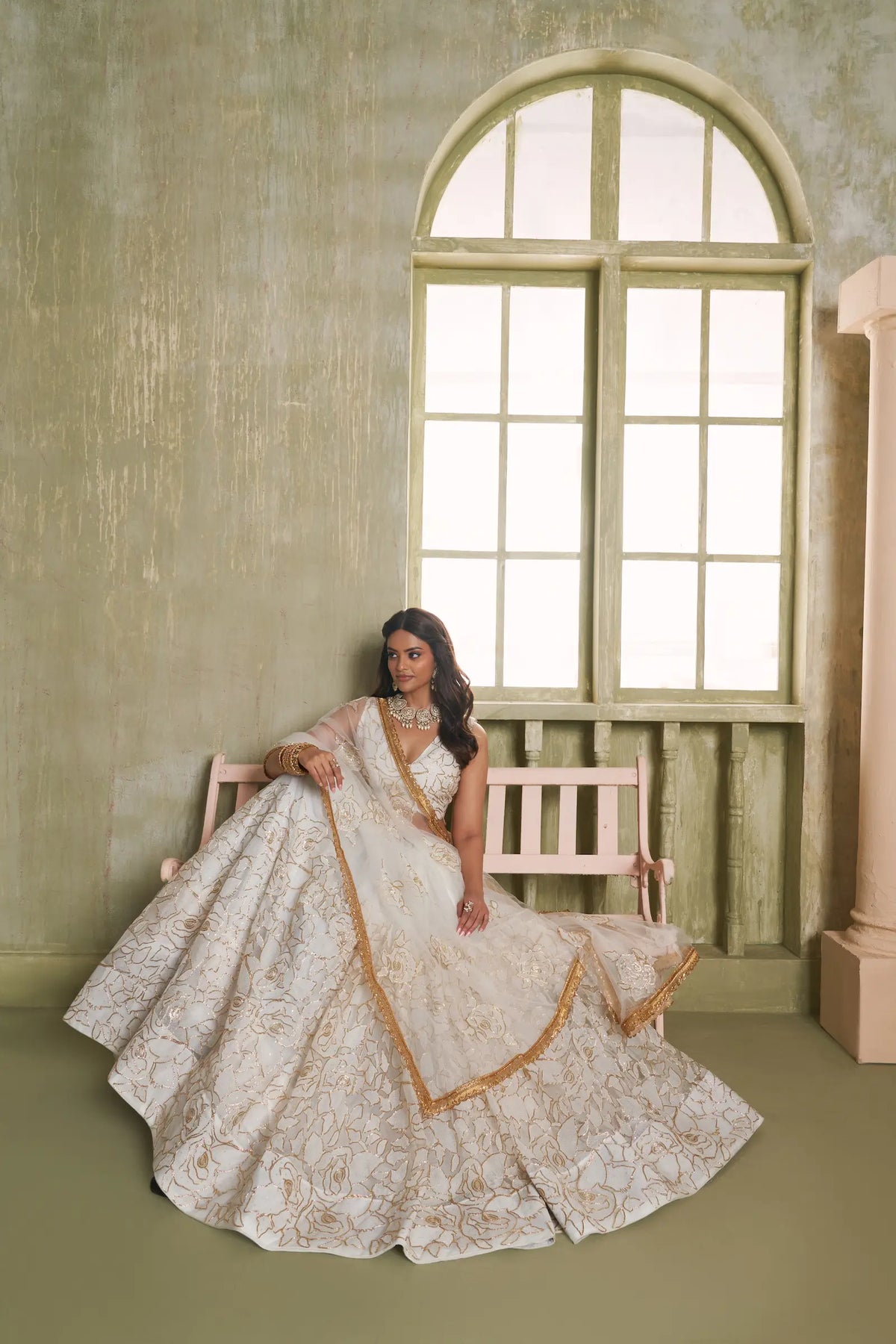 Pearl White Net Sequins Lehenga Choli