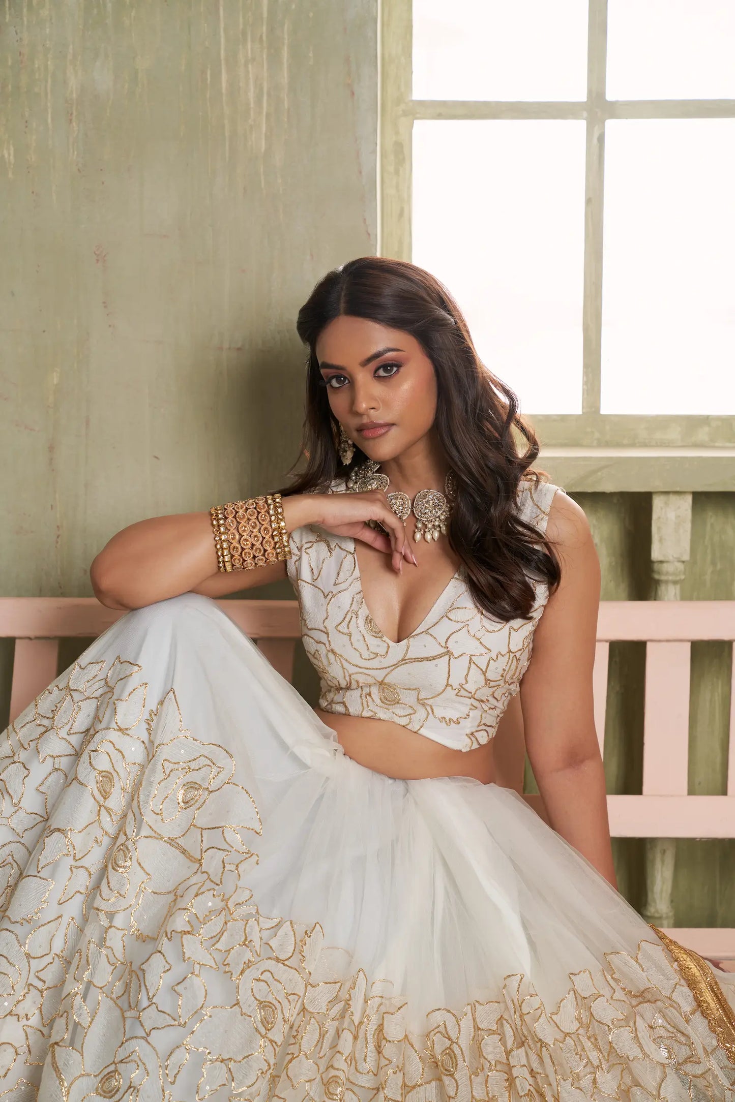 Pearl White Net Sequins Lehenga Choli