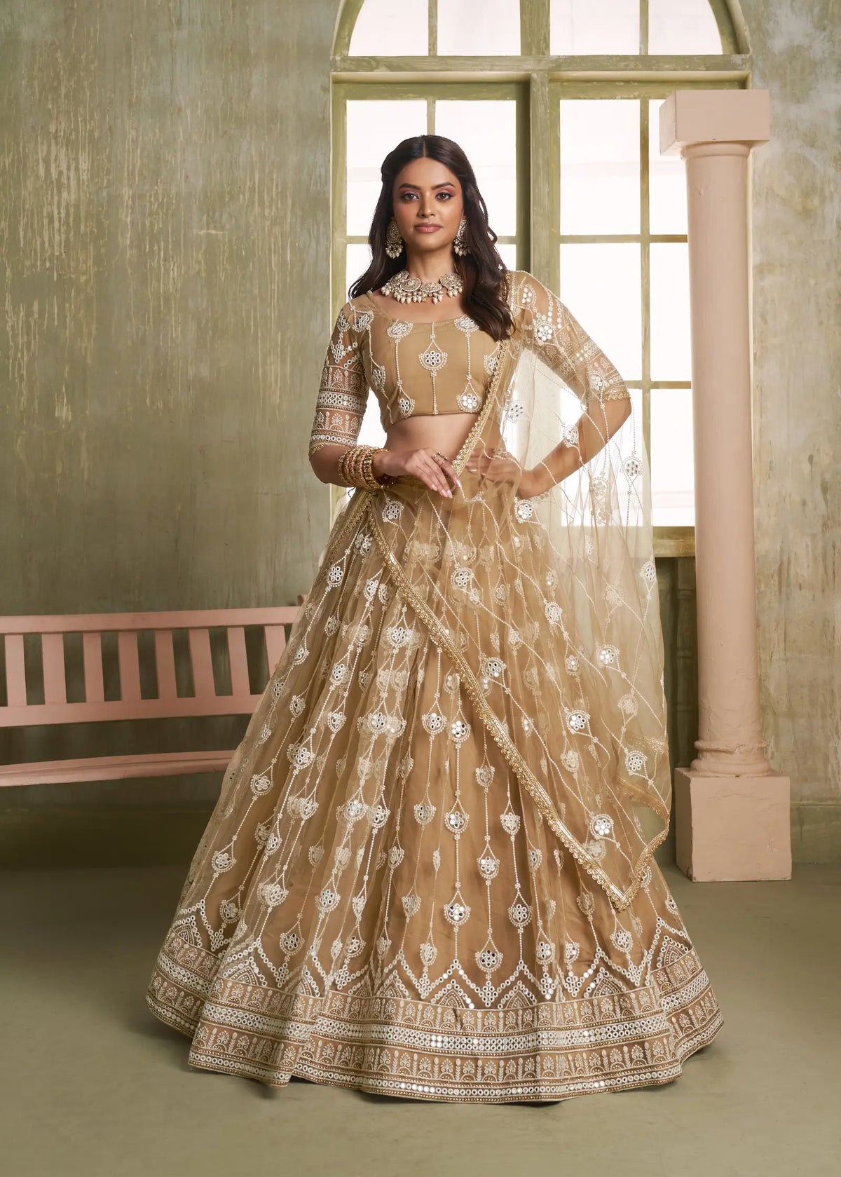Soft Beige Net Sequins Lehenga Choli