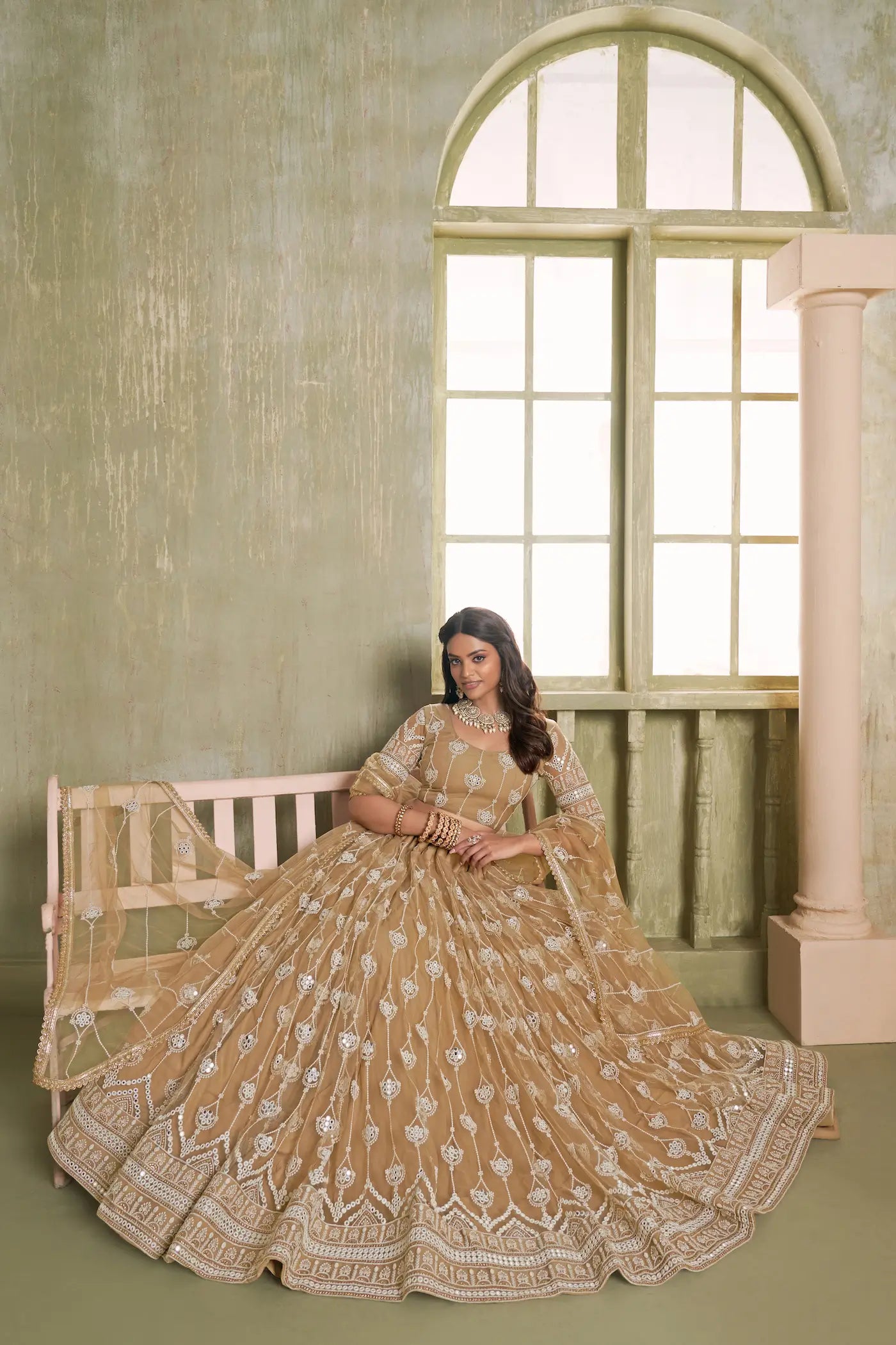 Soft Beige Net Sequins Lehenga Choli
